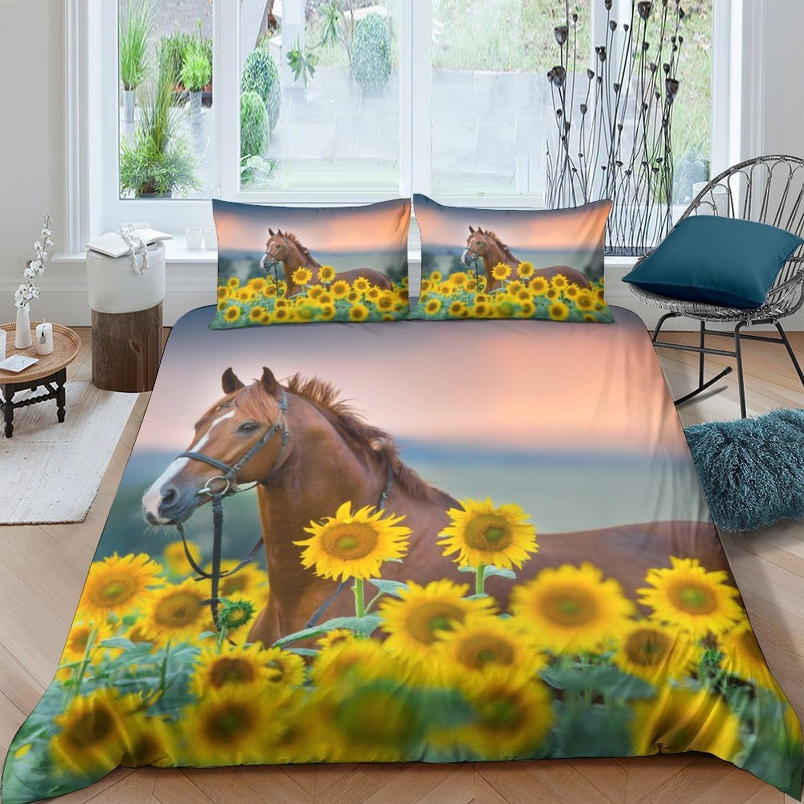 Ctjqhvkz Style-4 3D Printed Horse Sunflower Fitted Sheet Microfiber Soft Anti-Slip Bed Cover For Bedroom Guest Room Decor Easy Care Single（135X200cm）