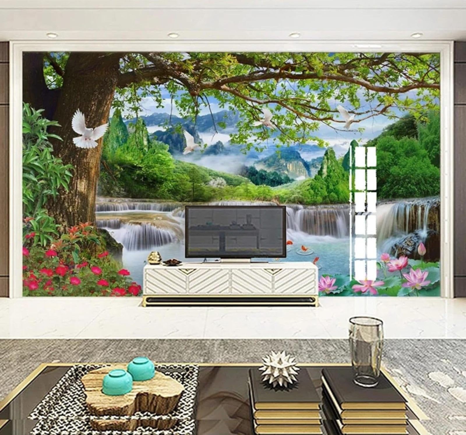 XLMING Fresh Green Trees Waterfall Natural Scenery Fairyland 3D Wallpaper Premium Textured Silk Study Dining Living Room Bedroom Sofa TV Wall Easy Install-200cm×140cm
