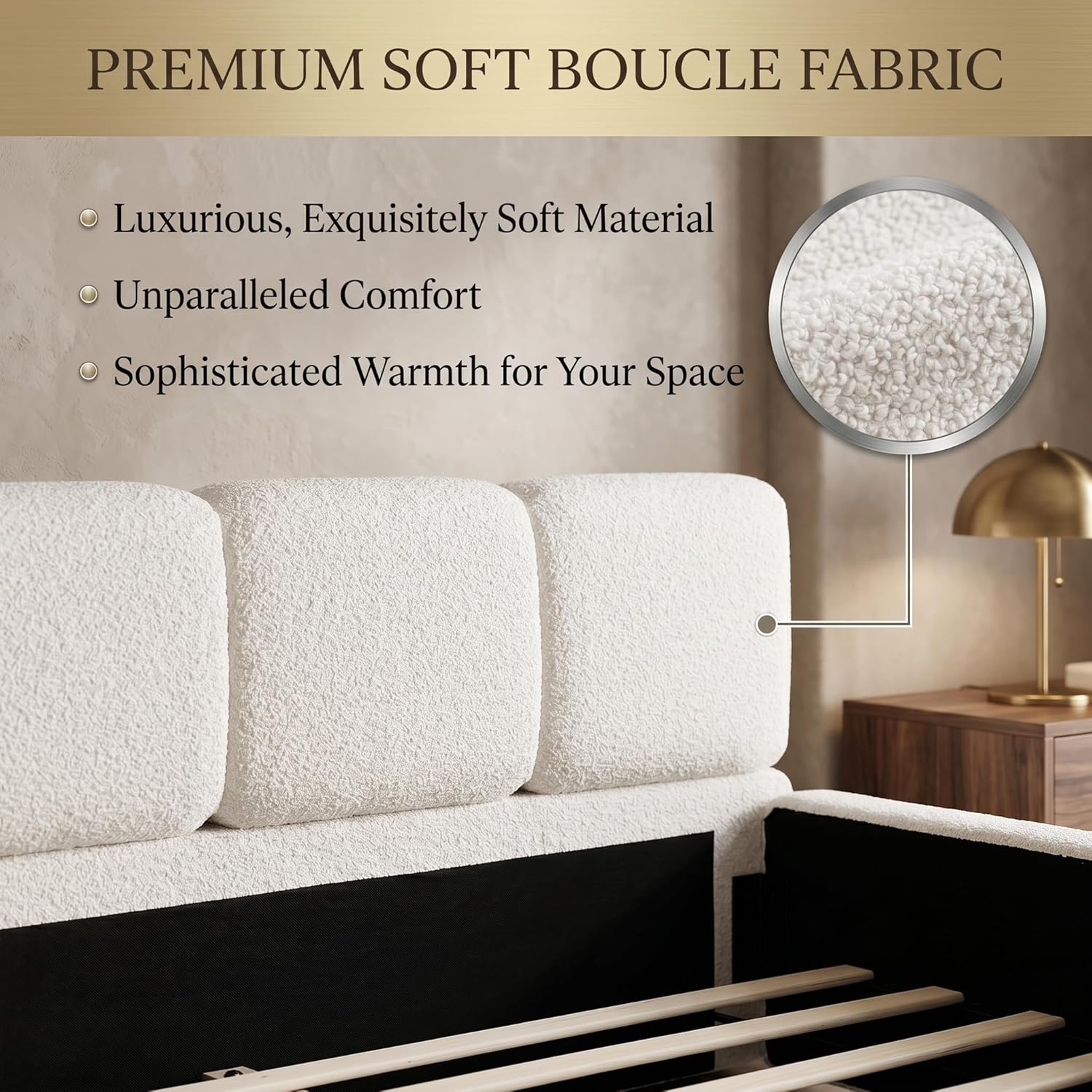 JIJIWANG King Size Platform Bed, Boucle Thick Headboard and Footboard, Upholstery Grounded Beds, Floor Bed Frame, Block Style, White