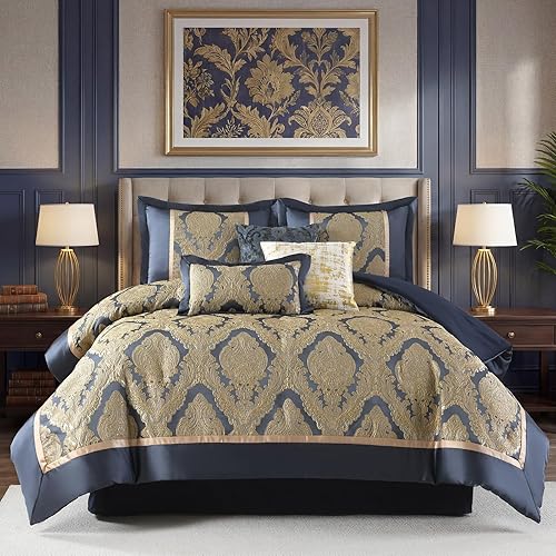Finlonte King Size Comforter Set, Navy Blue Gold, 7 Piece