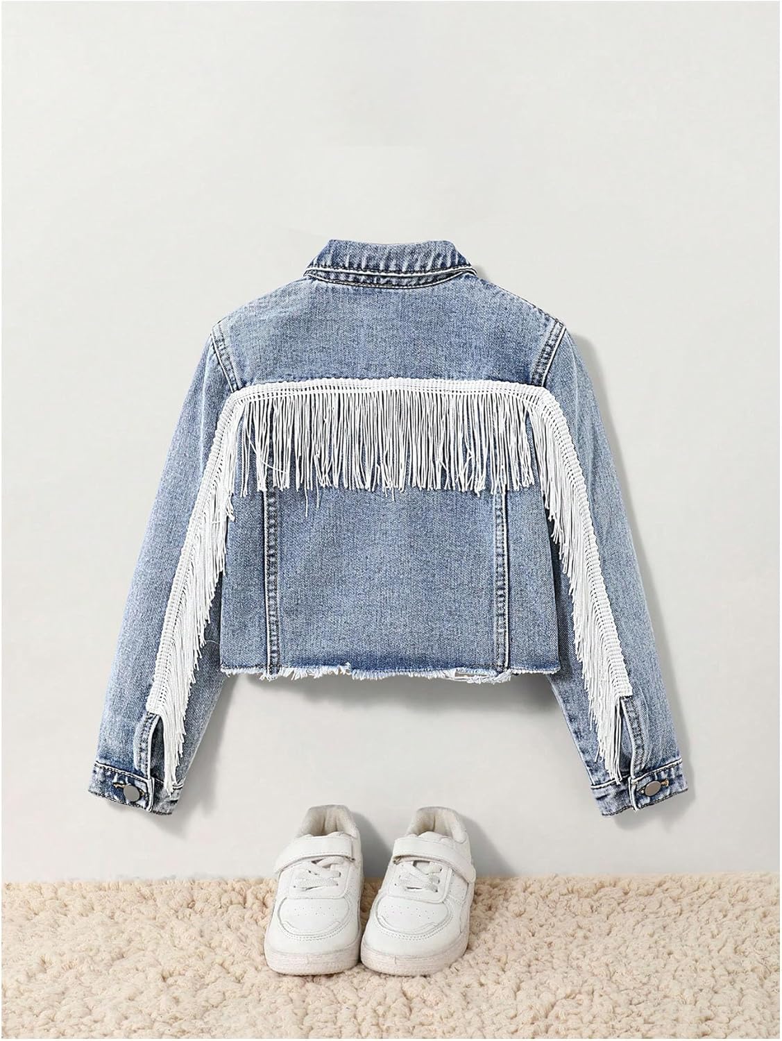 MakeMeChic Girl's Fringe Denim Cropped Jackets Long Sleeve Raw Trim Button Down Jean Cowgirl Y2K Cute Jacket