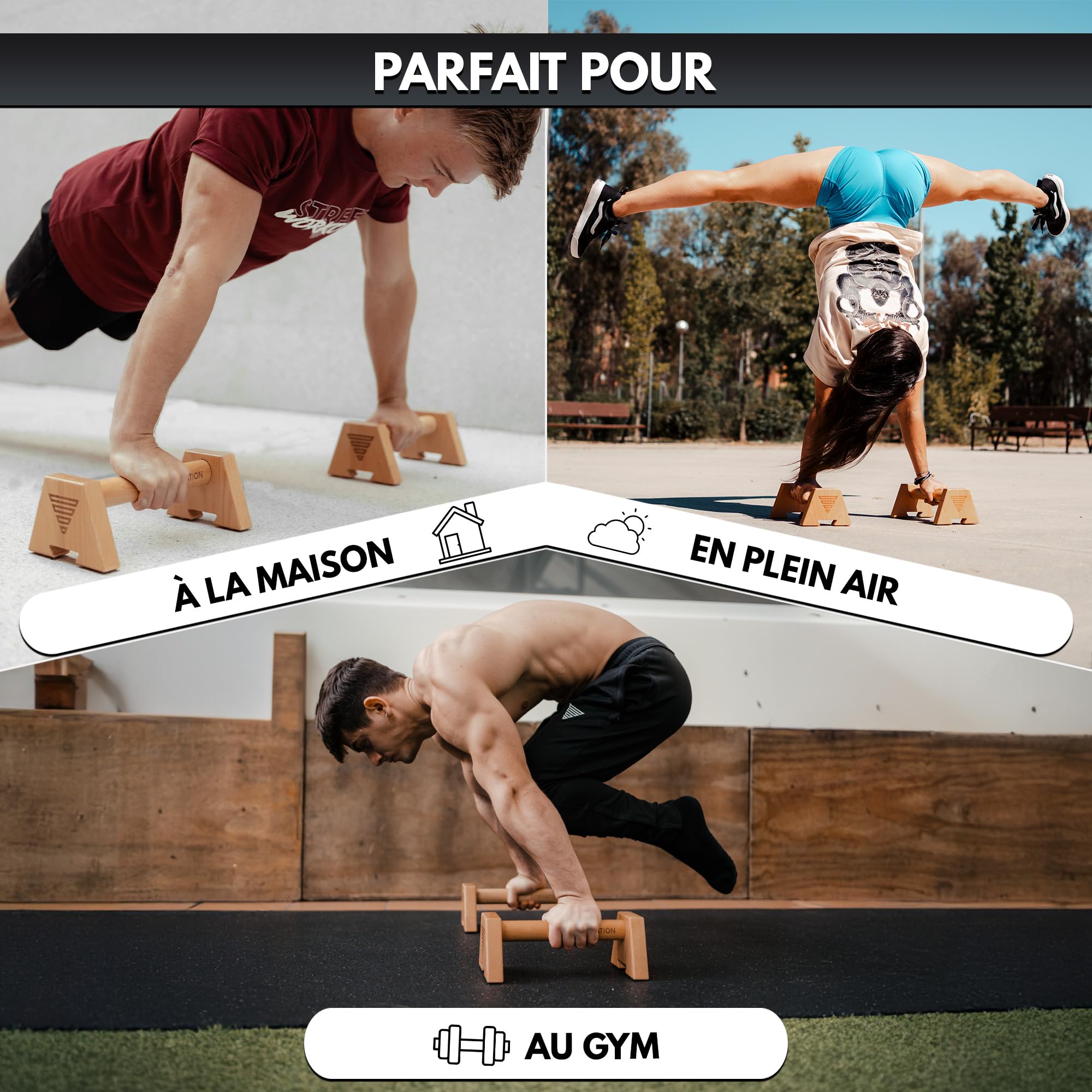 GORNATION Parallettes en Bois, Barres Parallèles por Musculation, Calisthenics, Street Workout & Fitness Training, Push Up Bars, Poignées de Pompe, Antidérapantes, incl. Grip Tape 2.0 10m