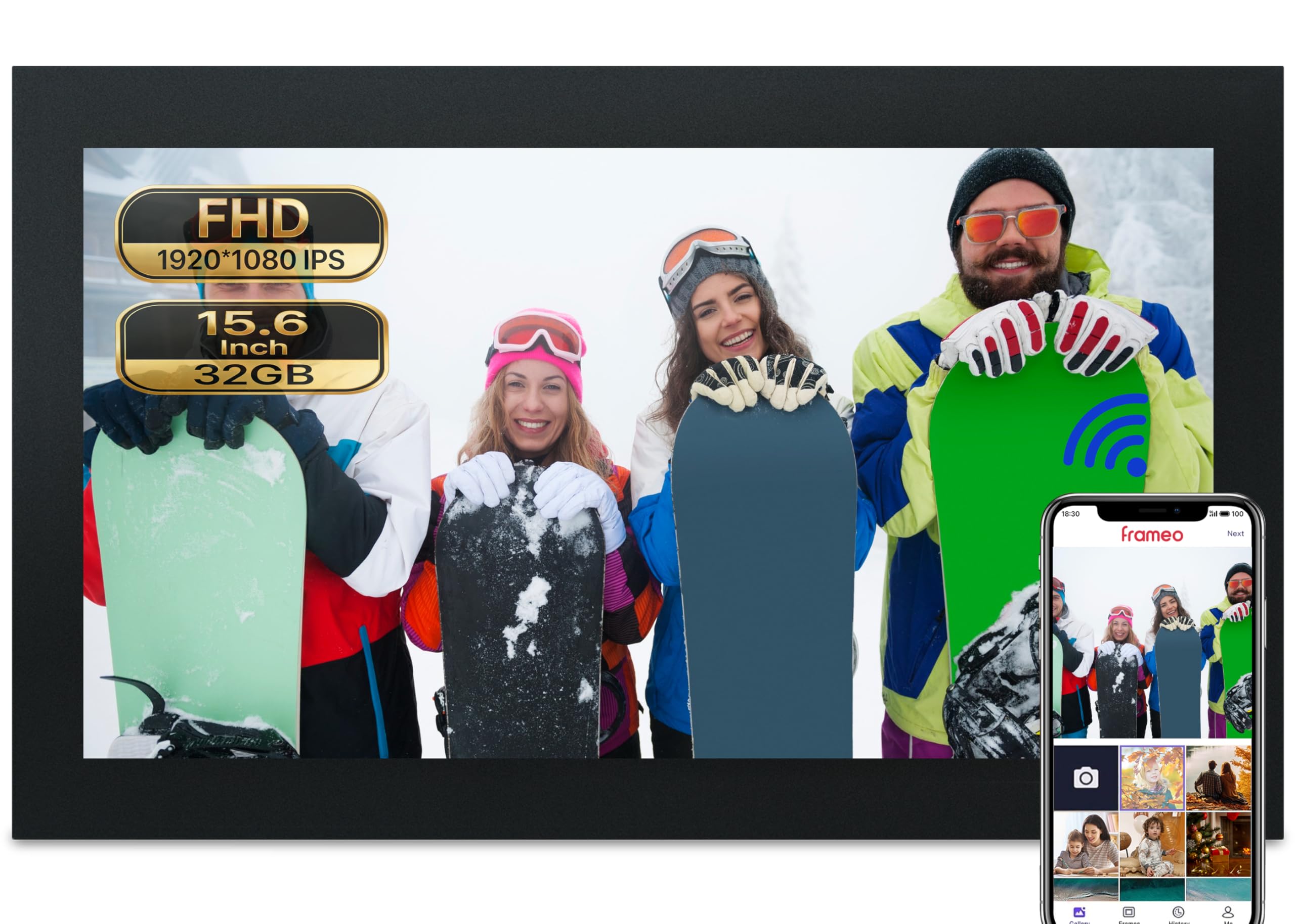 Frameo Digital Frame WiFi 15.6inch Digital Picture Frame with Large Display,32GB Storage、Auto-Rotate、Wall Mountable、Digital Frame Easily Share Photos and Videos Via“Frameo”App