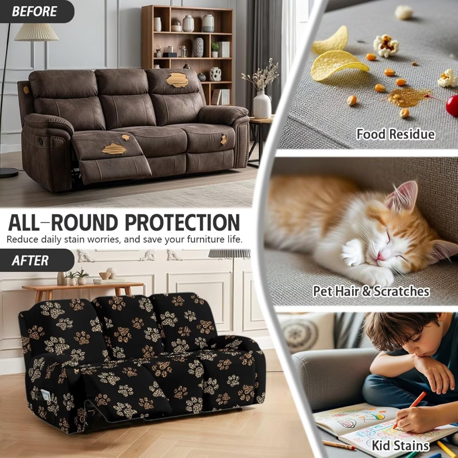Dust Proof Recliner Chair Cover with Pockets, 3 Cushion Recliner Couch Cover with Side Pocket, Stretchable Soft Reclining Sofa Slipcover for Kids Pets, Paw Print Black