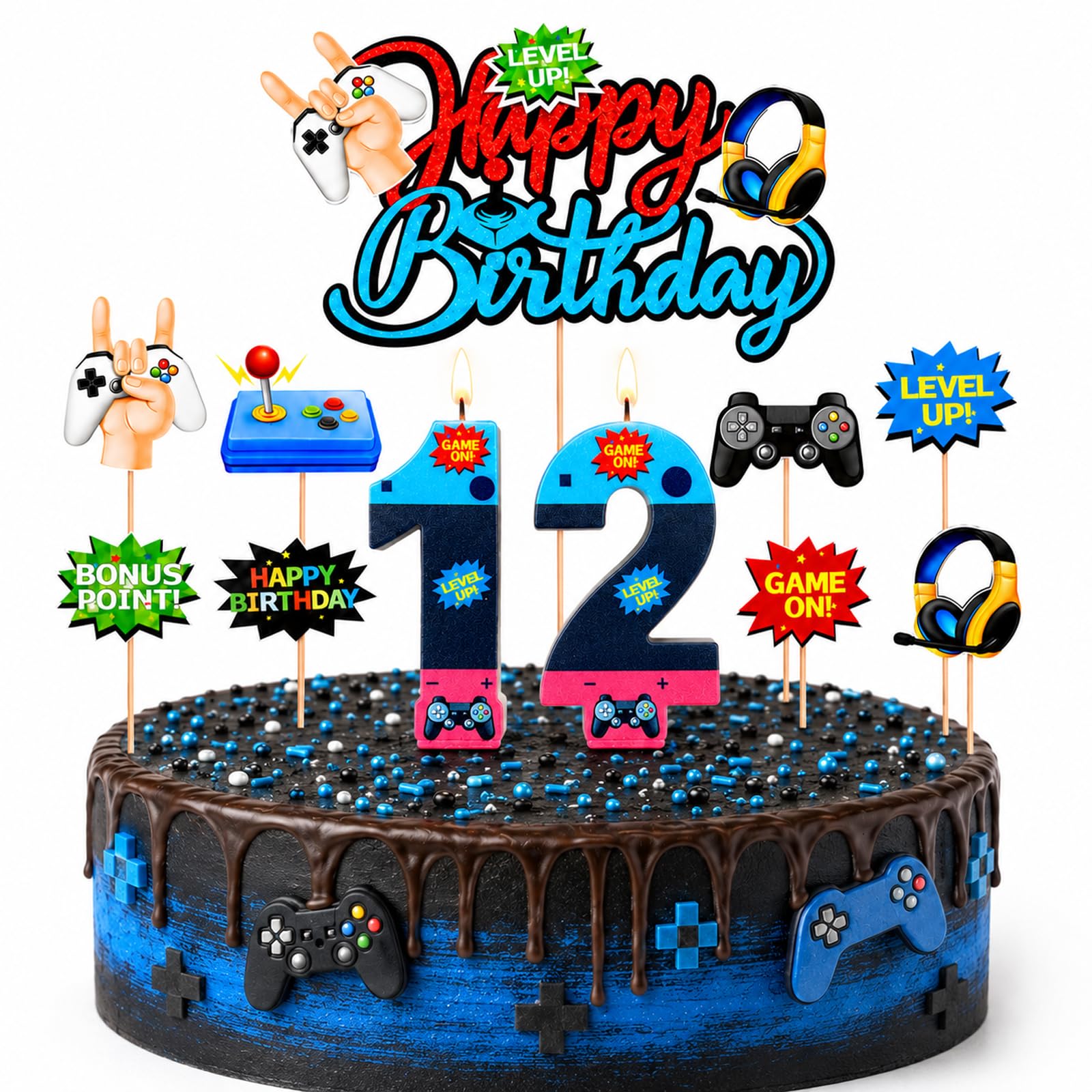Bolosa 12th Birthday Gaming Cake Decorations Set, Number 12 Candles, Happy Birthday Cake Topper & 8 Picks, 12th Birthday Cake Topper, Level 12 Video Game Party Supplies for Boys, Young Gamers Party