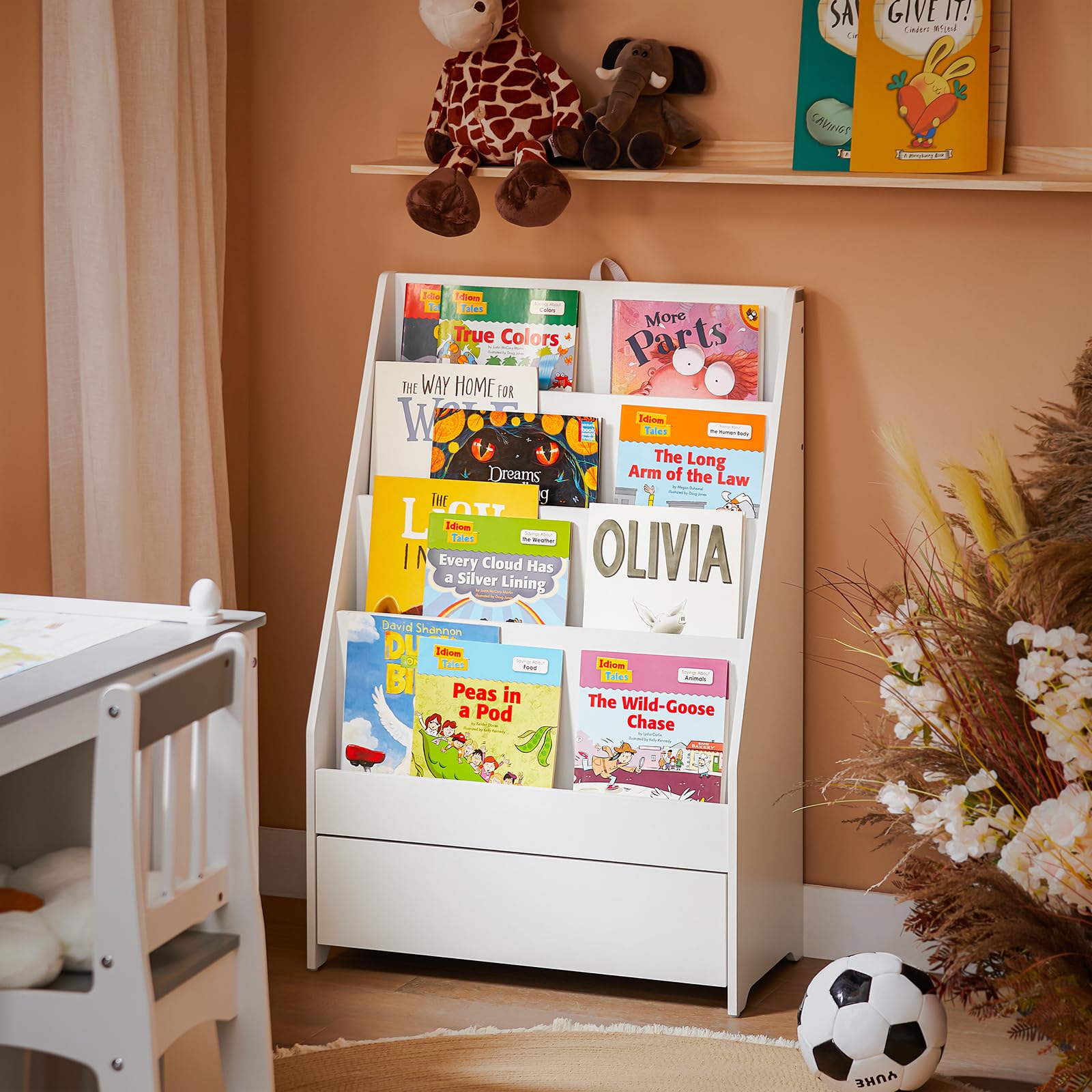 SoBuy KMB112-W regał dziecięcy z 4 półkami, regał na książki, regał stojący, biały, szer. x wys. x gł.: ok. 60 x 93 x 30 cm