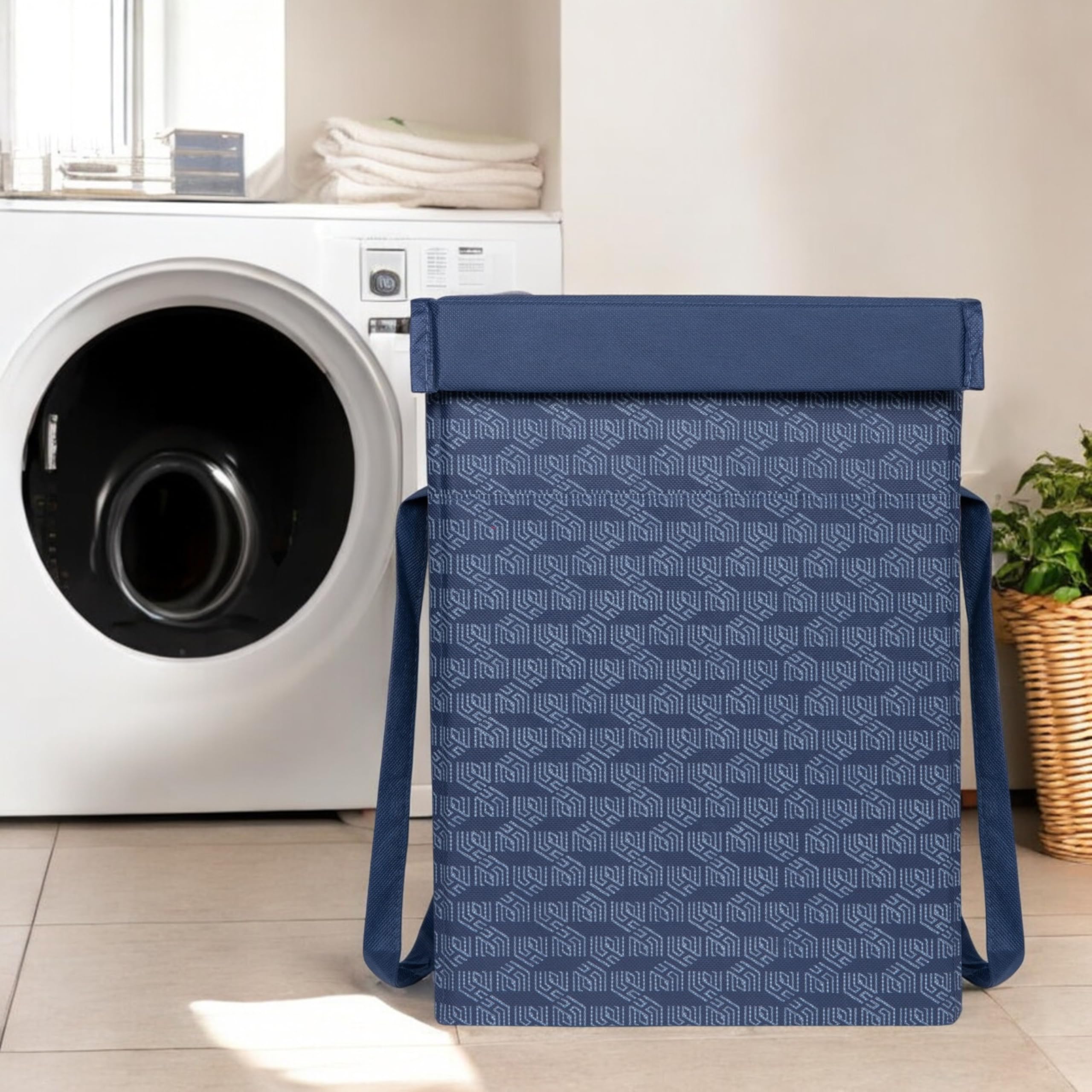 Homestrap Printed Non-Woven Laundry Basket with Lid and Handle – 50L Foldable Cloth Storage Hamper for Clothes, Towels, Toys, Shoes | Collapsible Organizer for Bedroom, Bathroom & More (Navy Blue)