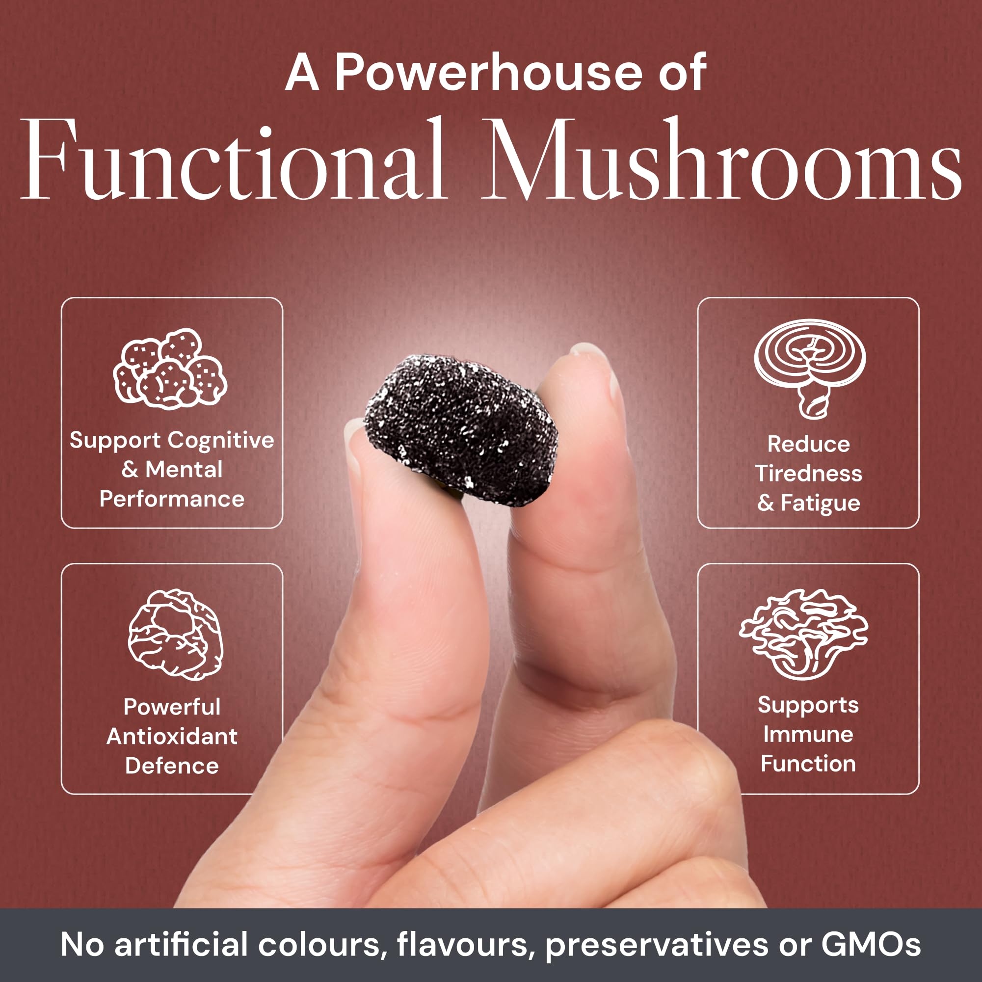 Gummies Multi-Champignons Haute Concentration – Avec Crinière de Lion, Reishi, Chaga, Maitake, Cordyceps, Tremella – Saveur Cassis – 60 Gummies Végans (30 Jours)