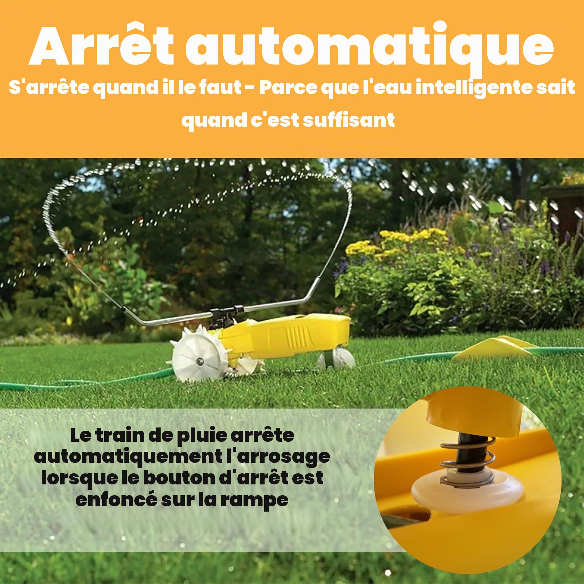 Nelson Rain Train Arroseur Mobile en Fonte, Jaune, 1 254 m² pour Cour et Jardin, avec arrêt Automatique