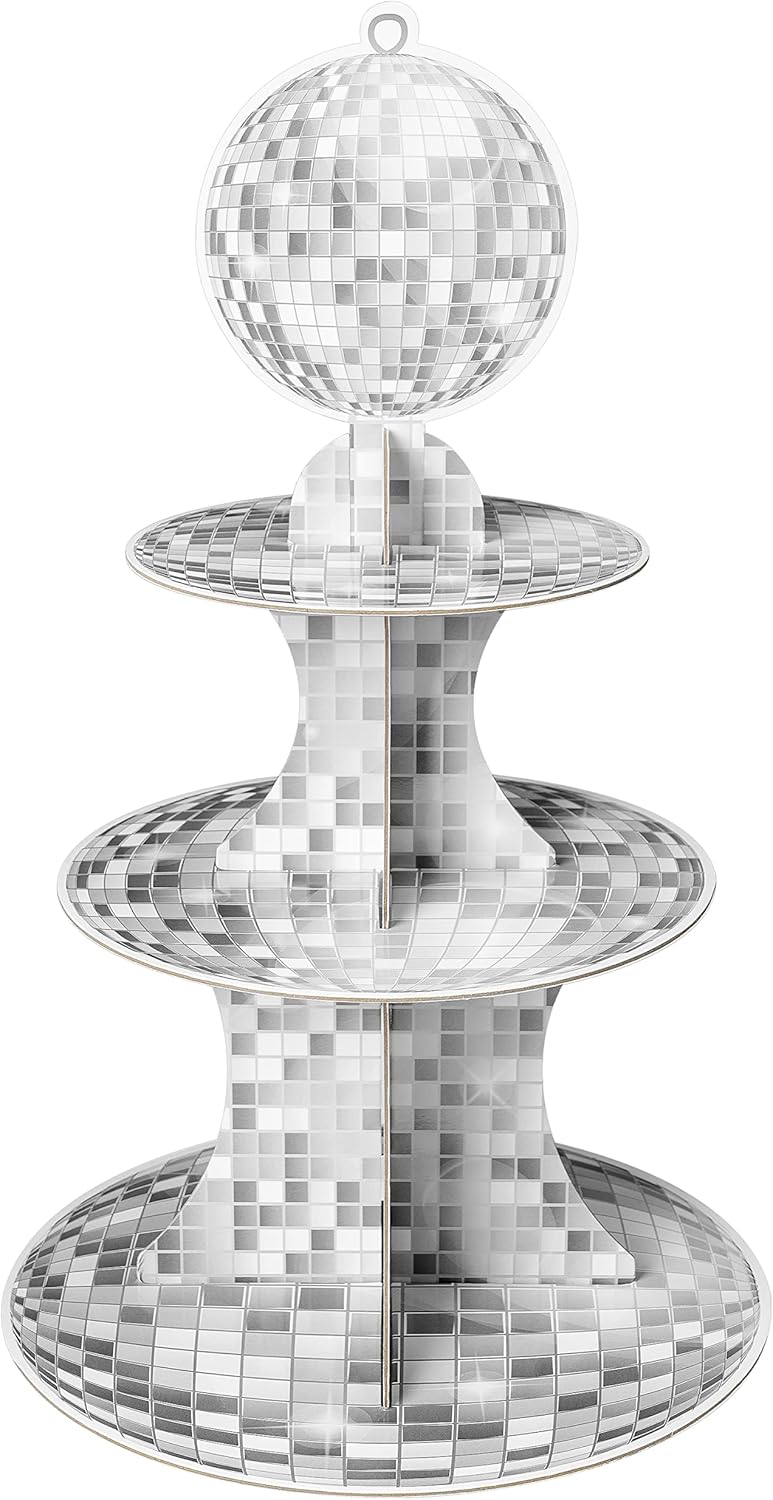 Haooryx Disco Cupcake Stand Decoration - 3-Tier Silver Glitter Disco Ball Cardboard Cupcake Stand Dessert Holder for Theme Birthday Party Decor Baby Shower Bachelorette Party Table Decor Supply
