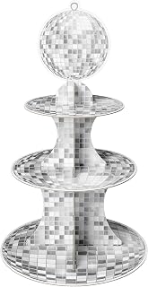Haooryx Disco Cupcake Stand Decoration - 3-Tier Silver Glitter Disco Ball Cardboard Cupcake Stand Dessert Holder for Disco Theme Birthday Party Decor Baby Shower Bachelorette Party Table Decor Supply