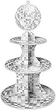 Haooryx Disco Cupcake Stand Decoration - 3-Tier Silver Glitter Disco Ball Cardboard Cupcake Stand Dessert Holder for Disco Theme Birthday Party Decor Baby Shower Bachelorette Party Table Decor Supply