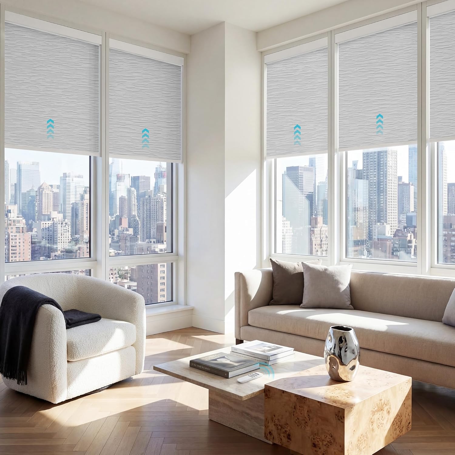 Motorized Blinds with Remote, 100% Blackout Smart Blinds for Windows, Electric Roller Blinds (LumenGeo - Jacquard White, 36" W x 72" H)