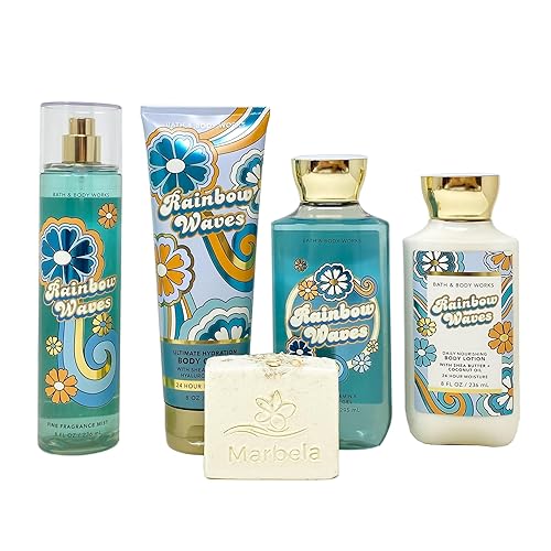 Bath & Body Works Rainbow Waves Deluxe Bundle - Fragancia en bruma - Crema corporal - Gel de ducha - Loción corporal - con un jabón en barra de