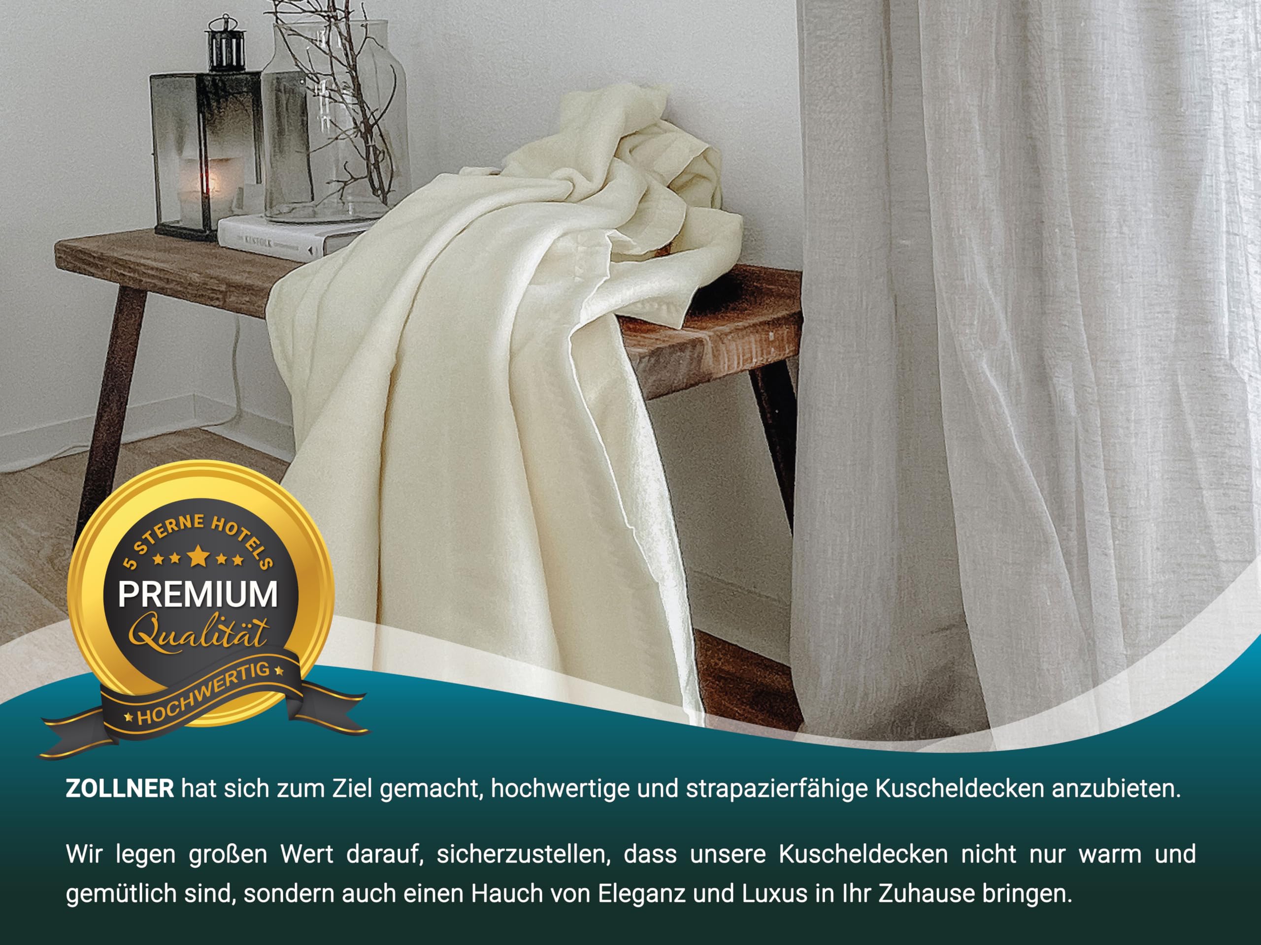 ZOLLNER Kuscheldecke flauschig in 150x200 cm - weiche und langlebige Sofadecke in Creme - waschbar bis 40°C - Mischgewebe - mit elegantem Einfassband - Hotelqualität - Oeko Tex® Zertifiziert