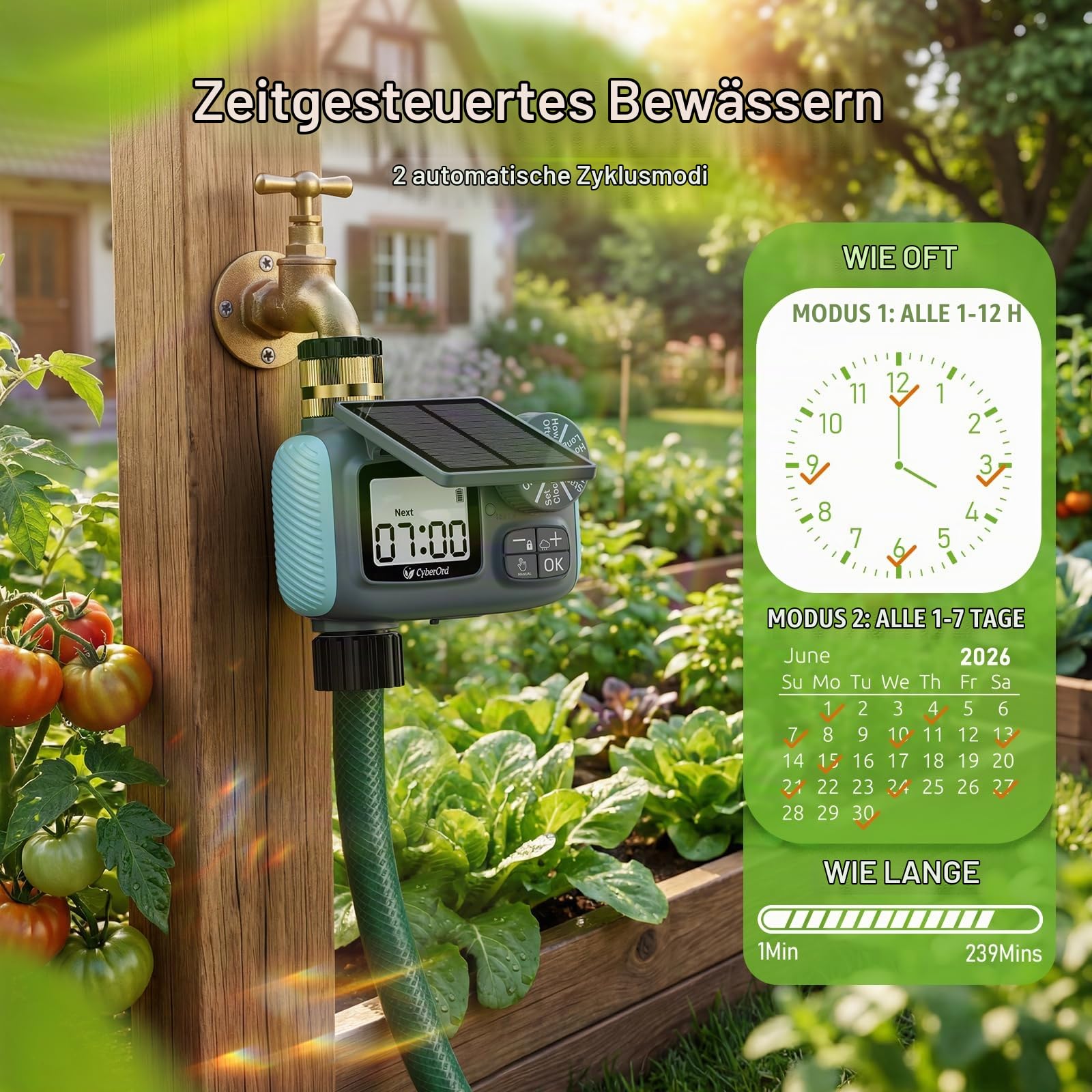 Bewässerungscomputer mit Solarenergie, Programmierbare Wasser Bewässerungsuhr LCD-Display Automatische Zeitschaltuhr mit Regenverzögerung/Automatischem & Manueller Modus für Garten und Rasen