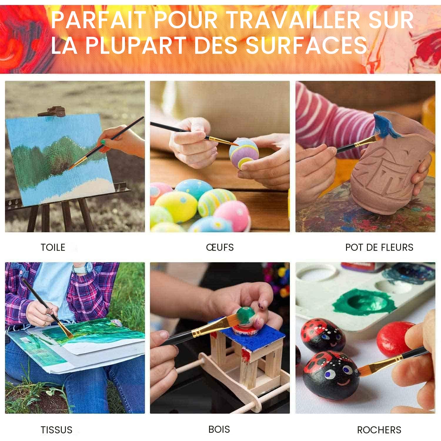 48 Tubes de Peinture Acrylique de 12 ml avec 6 Pinceaux, Couteaux,Toile, Chevalet, pour Peinture d'artiste sur Bois, Céramique, Tissu, Travaux Manuels GC-APK48
