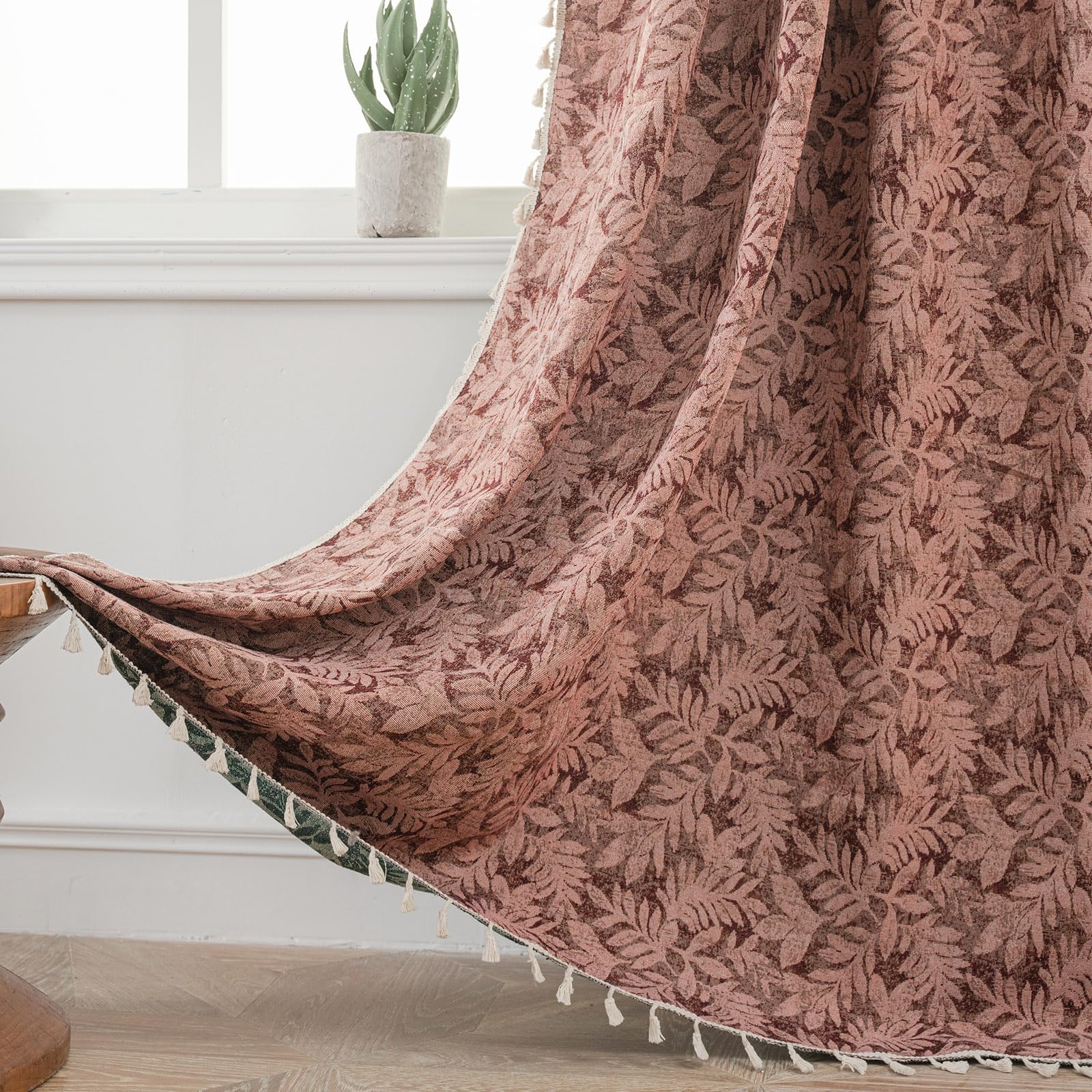 USTIDE Jacquard Red Leaf Kitchen Curtain - Farmhouse Style Rod Pocket for Small Windows 150x160cm (59x63) 1 Panel — image 1