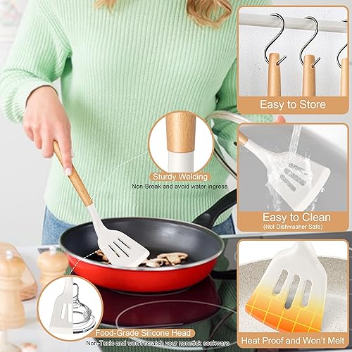 Miniatura 3 de TeamFar Juego de utensilios de cocina, 12 piezas de utensilios de cocina de silicona para utensilios de cocina antiadherentes con mango de madera,