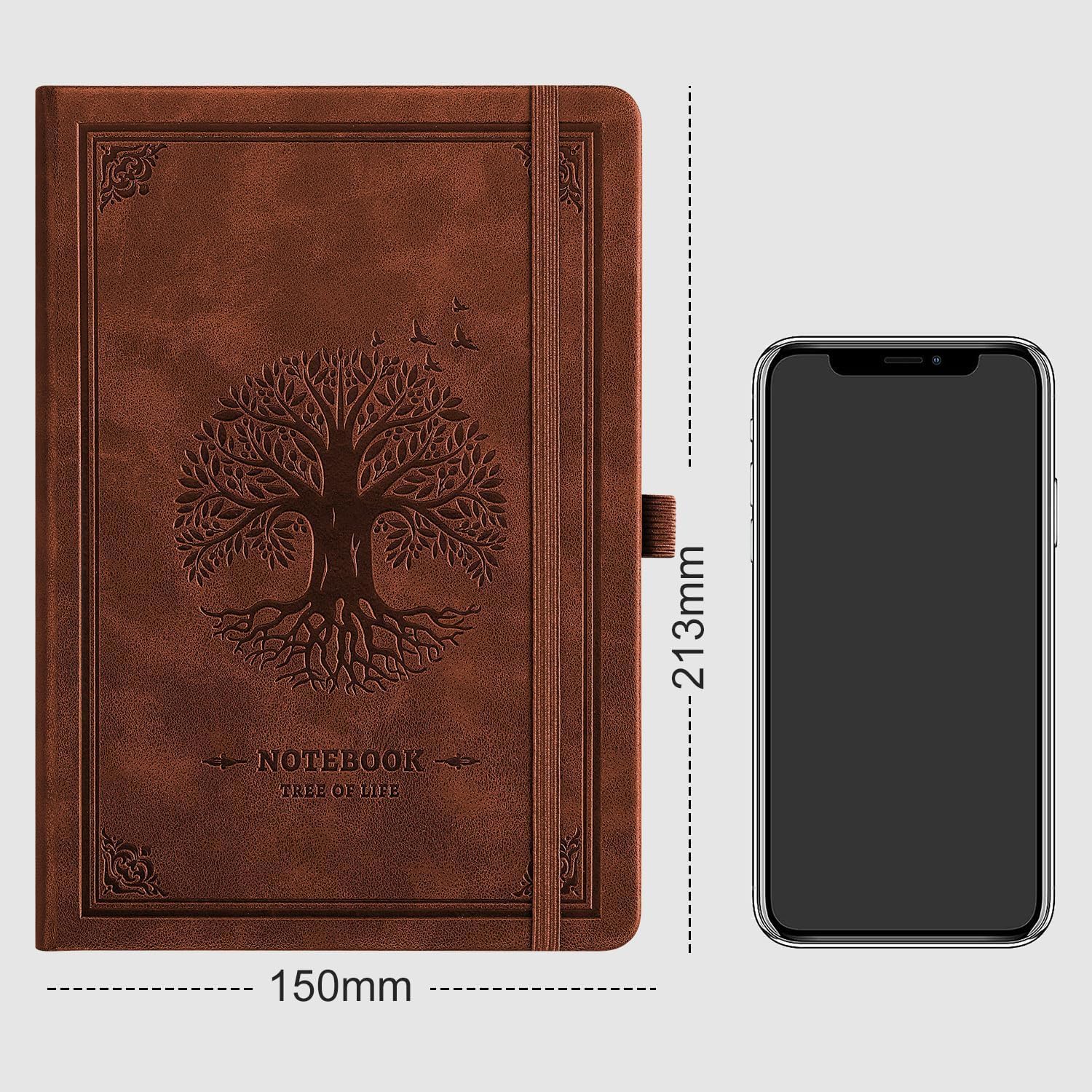 RETTACY Notatnik A5 w kropki, skórzana twarda okładka – 320 stron Bullet Dot Grid Journal, papier 100 g/m², bez przebijania, wewnętrzna kieszeń na bullet journaling/szkice, 14,5 x 21 cm, brązowy