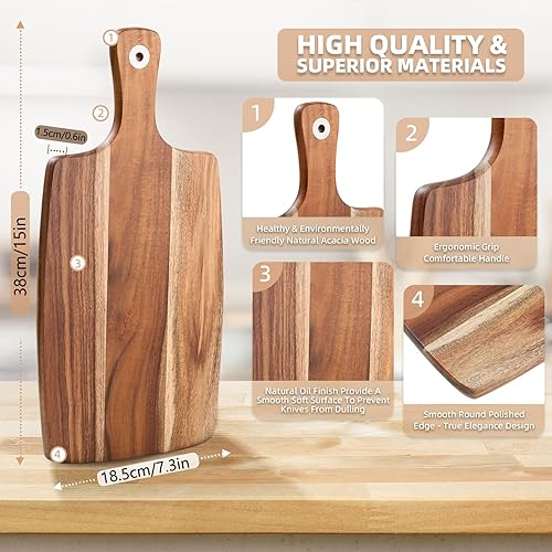 Miniatura 2 de AMPSEVEN Tabla de cortar de madera de acacia con asa tabla de cortar de madera tablas de embutidos para carne pan de frutas queso tablas decorativas