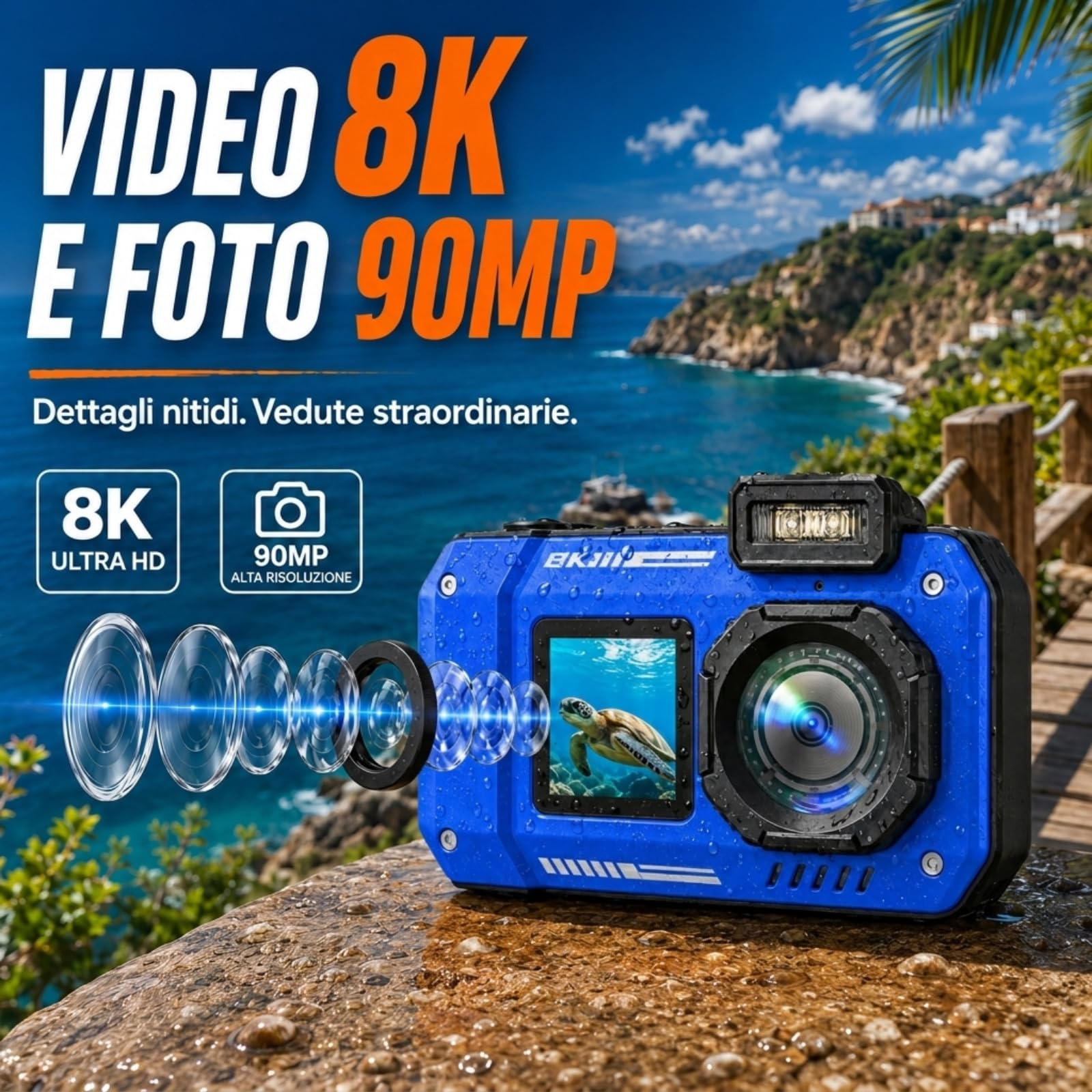MaxMango D50 33FT Macchina Fotografica Subacquea Impermeabile, 8K 70MP Fotocamera Digitale con 16 GB di Scheda, Doppio Schermo 2.8'' per Selfie, 18x Zoom, Resistente a Polvere e Urti per Snorkeling