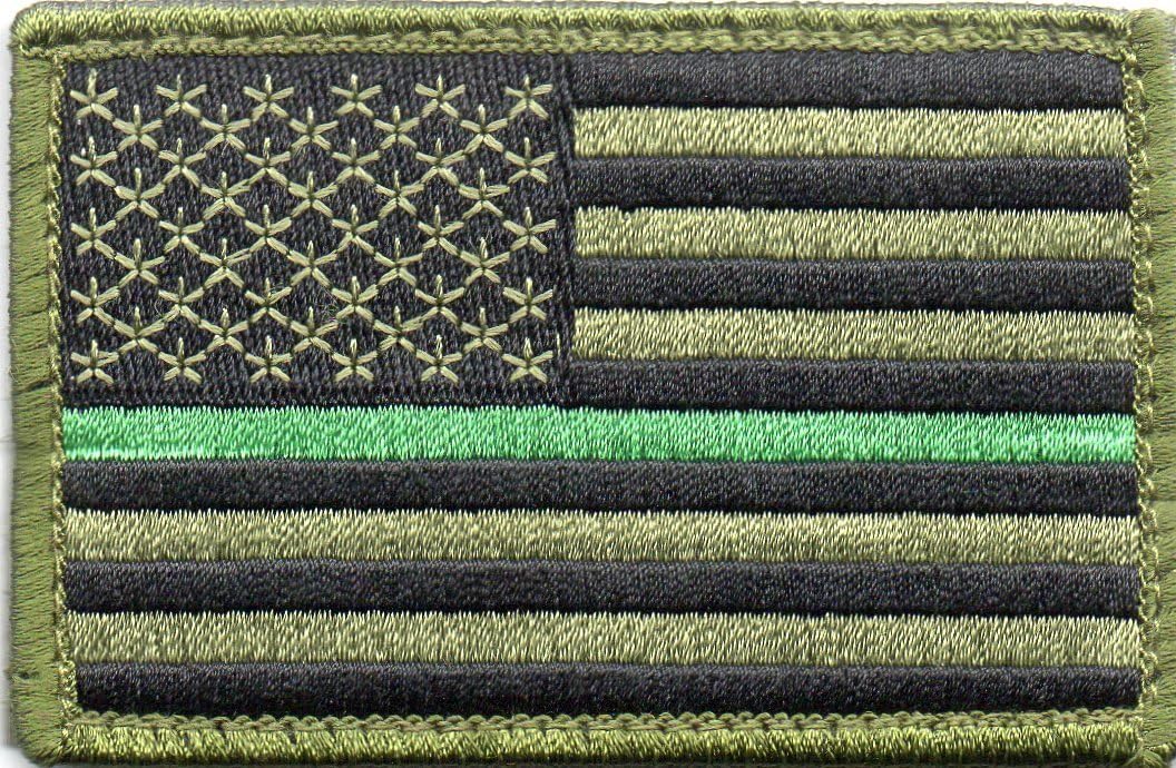 Green US Flag Thin Green Line Patch for Park Rangers, US Border Patrol, and Environment Services Personnel with Hook/Loop Backing
