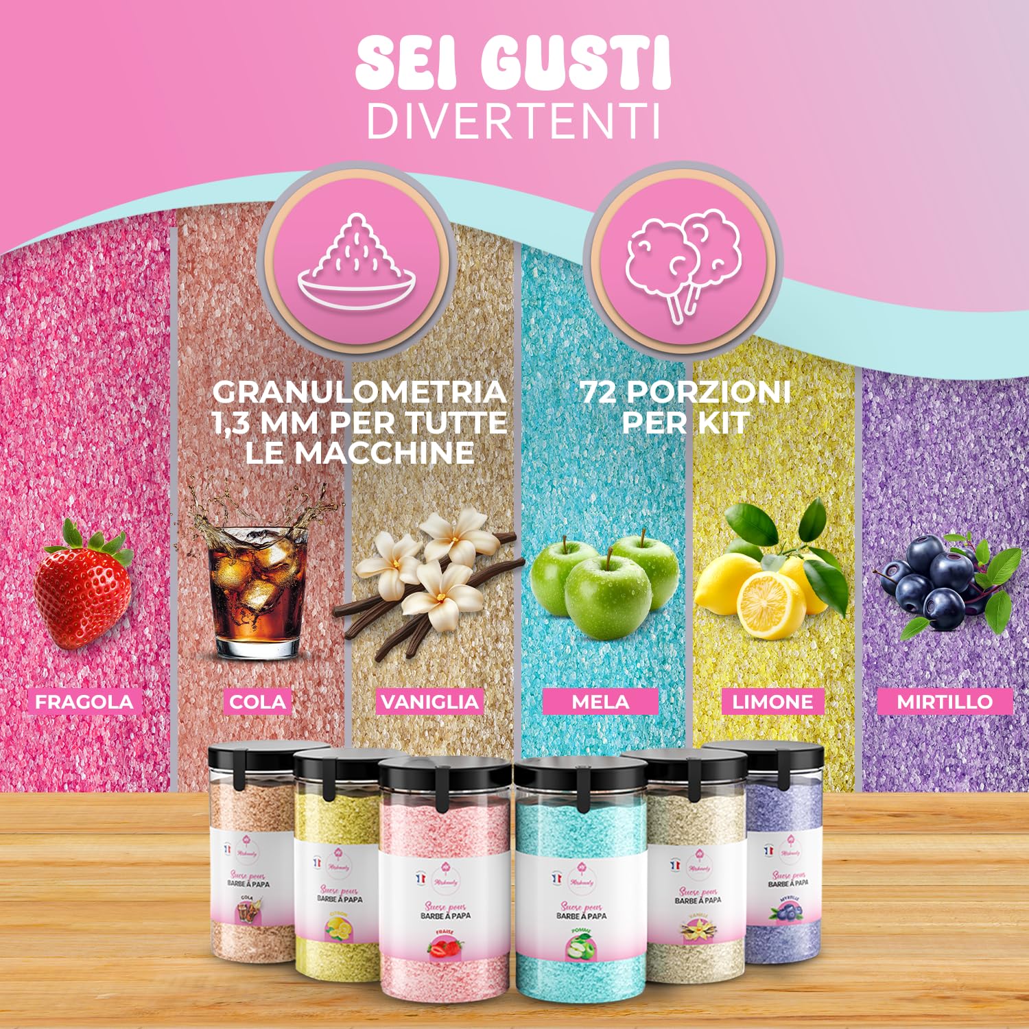 Misskandy®Kit zucchero filato con 6 gusti, 72 porzioni – Include 50 bastoncini per macchina per zucchero filato – Aromi: cola, vaniglia, fragola, mirtillo, limone e mela – Ideale per bambini e adulti