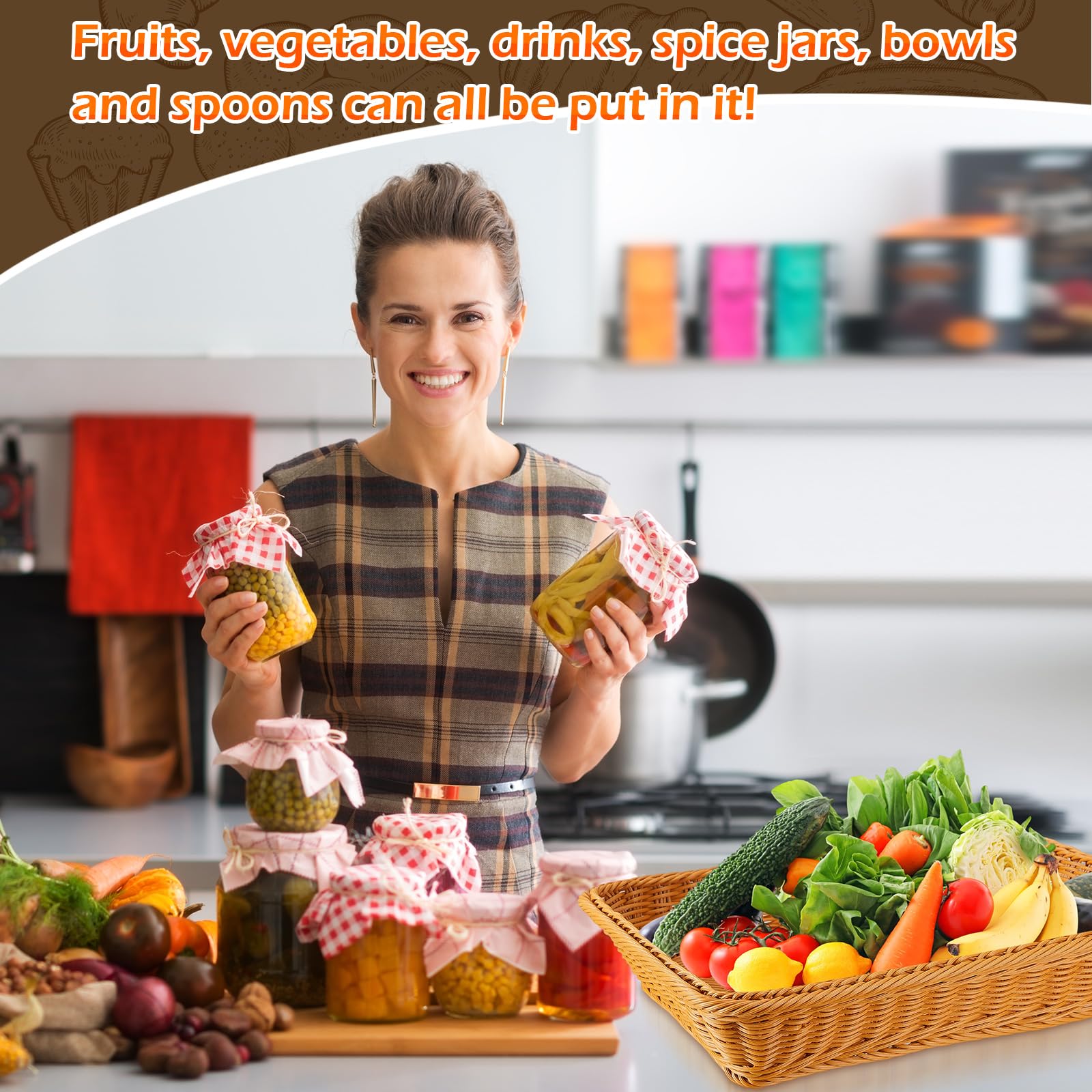Tioncy 10 cestas de pan tejidas de mimbre de poliéster de imitación de ratán, cesta de frutas apilable, cestas rectangulares para servir alimentos, almacenamiento, cocina, restaurante, hogar, verduras