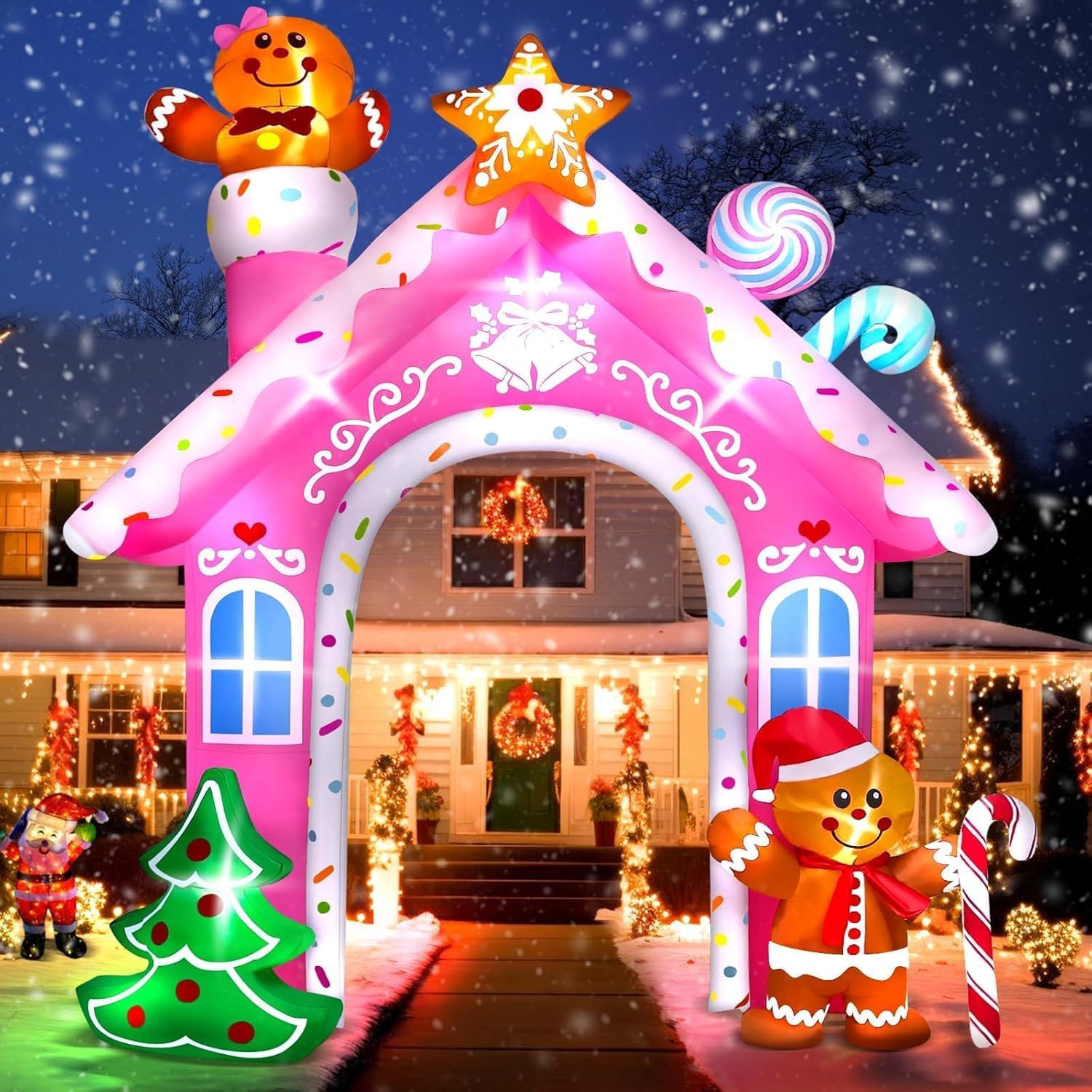 Kalolary 12FT Christmas Inflatable Archway Outdoor Decorations, Pink Christmas Gingerbread Man Inflatable Arch Blow Up Yard Decoration with Build-in LED Lights for Outdoor Yard, Lawn, Garden Decor Gingerbread Man Archway