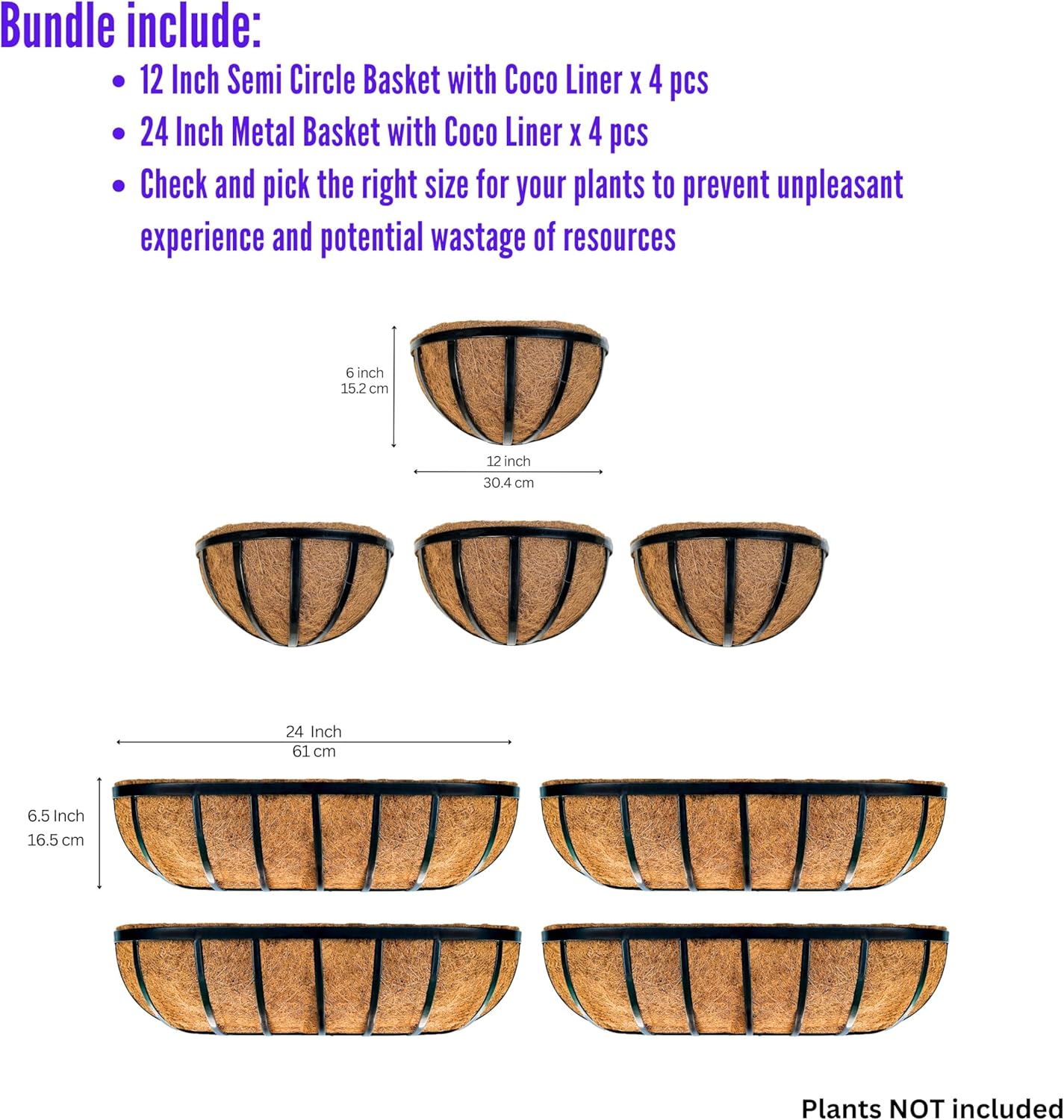 LaLaGreen Bundle- 4 Pack, 24 Inch Rectangular Basket with Coco Liner + 4 Pack, 12 Inch Semi Circle Basket with Coco Liner Wall Mount Hanging Window Flower Pot Modern Horse Trough Rail Deck Fence Decor