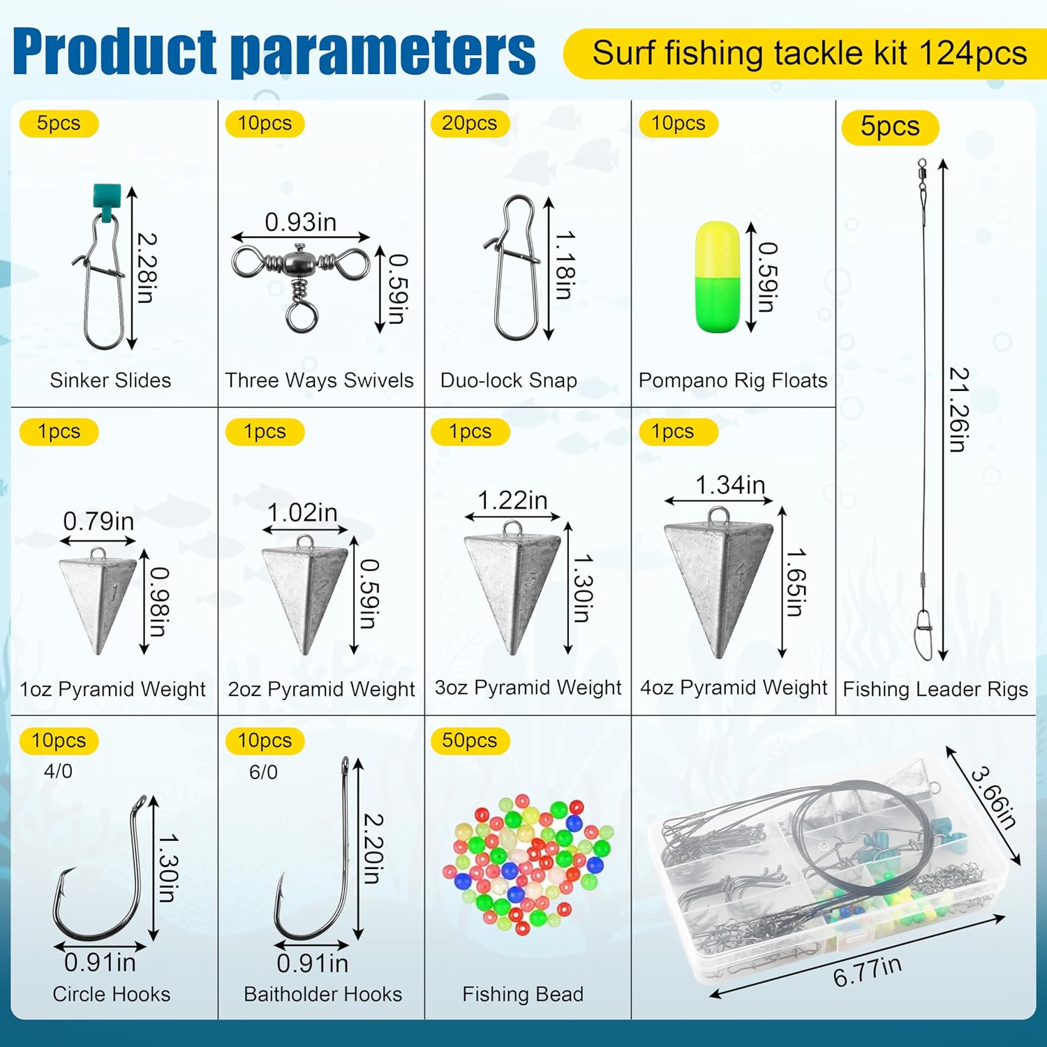 Saltwater Surf Fishing Tackle Kit, 124pcs Saltwater Fishing Gear Fish Finder Rig Pompano Rigs Pyramid Weights Sinker Slider Fishing Hooks Swivels Snaps Various Accessories image 3