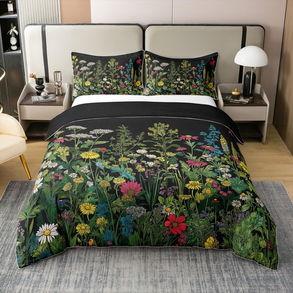 Erosebridal Boho Wildflower 100% Cotton Duvet Cover Queen Cute Spring Garden Floral Bedding Set For Kids Boys Girls Adults Retro Green Plants Botanical Comforter Cover Yellow White Daisy Bed Set 3 Pcs
