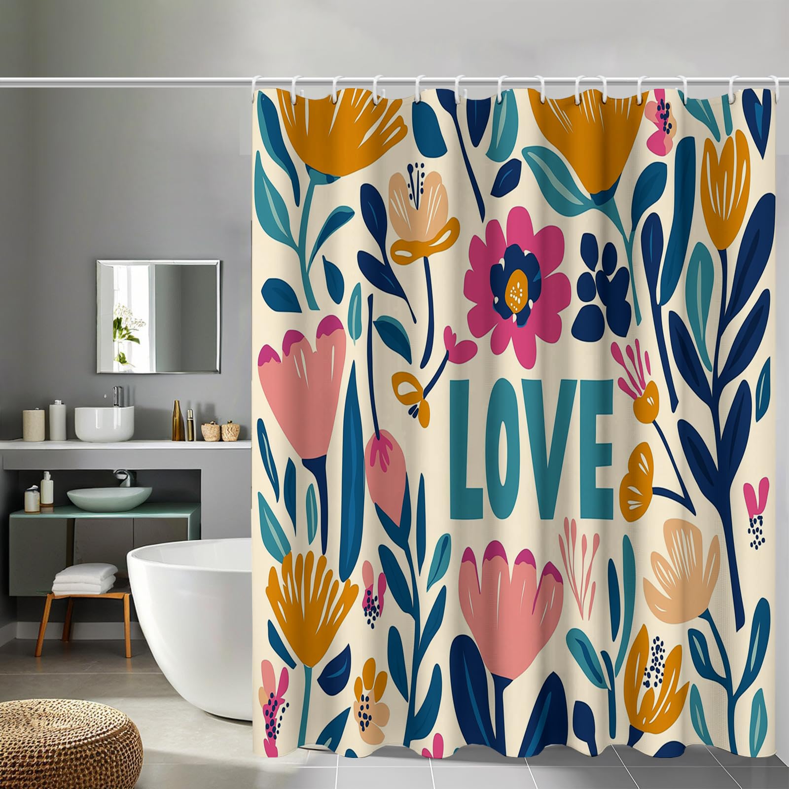 Rideau douche lavable polyester 180x200 crème motifs coquelicots tulipes avec crochets