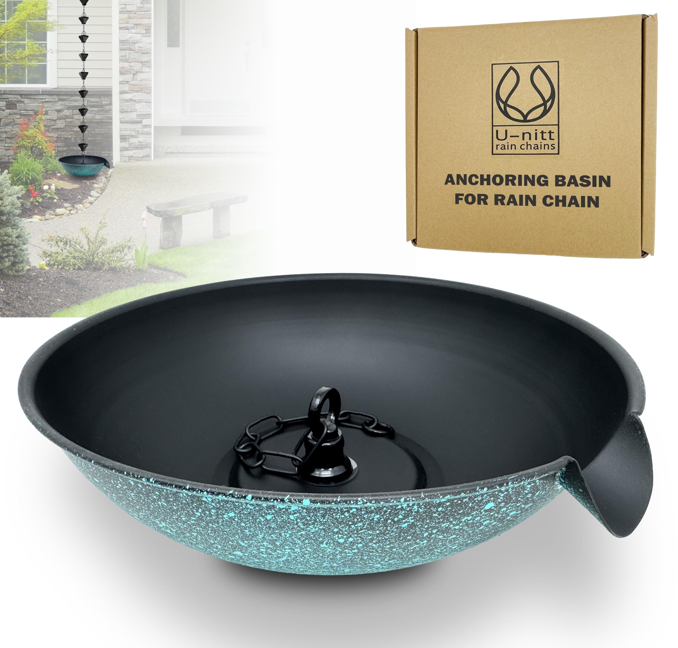 U-nitt Rain Chain Anchoring Basin/Bowl/Dish/Pan/Saucer to Catch Rain Water to Replace Gutter Downspout | Spill Over with Scupper | Birdbath Alternative | 9" Chain | Black Powder Coated | Patina 12"