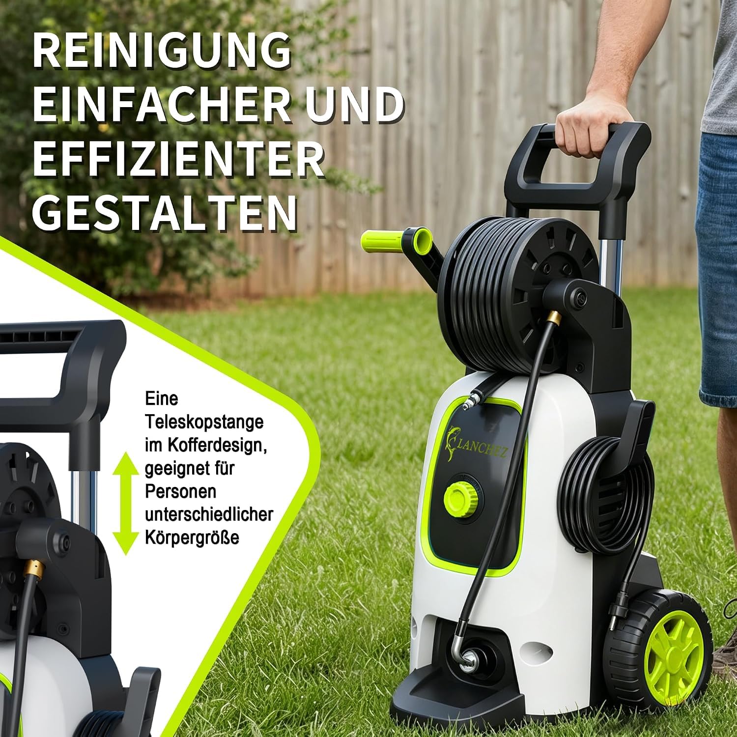 Hochdruckreiniger 120 bar 360 L/h, 7-in-1 Zubehör Set mit 500 ml Schaumsprüher, Schnellkupplungen, Schnellanschlussdüsen, Terrassenbürste – ideal für Auto, Terrasse, Garten, Fassade & Gehwege