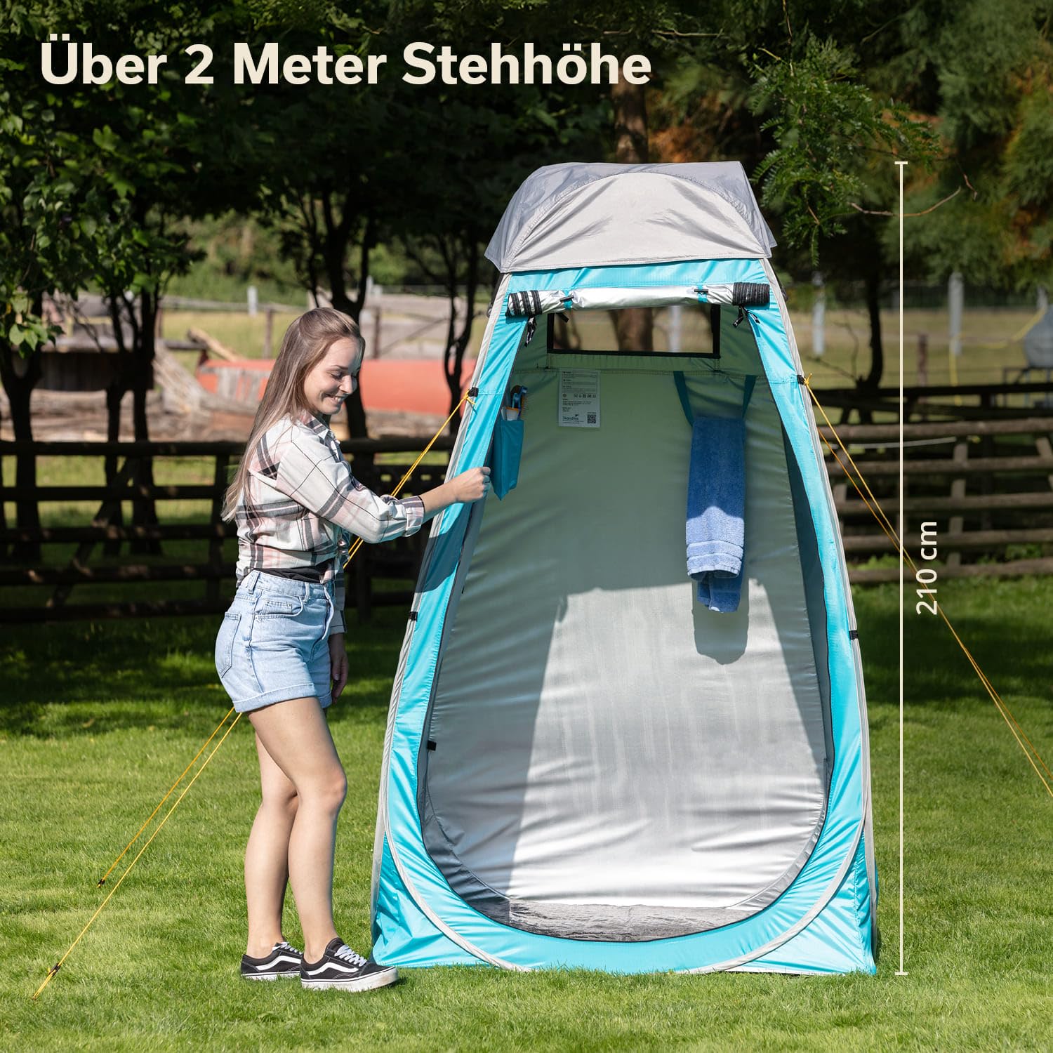 Skandika Camping Pop Up namiot prysznicowy | namiot przebieralnia o wysokości 210 cm, pokryty srebrem, nieprzejrzysta, oddzielna podłoga, zakryte okno z moskitierą, mocowanie prysznicowe | namiot toaletowy