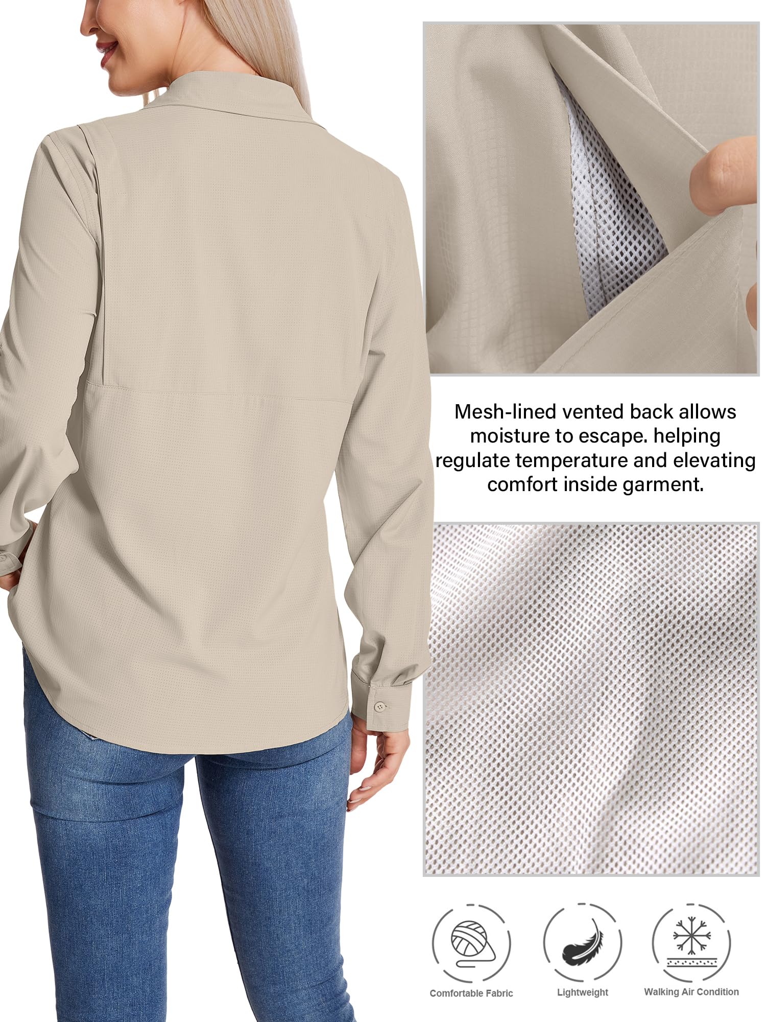 Chemise de safari à manches longues pour femme UPF 50 Protection solaire UV Séchage rapide Randonnée Marche Pêche Voyage en plein air