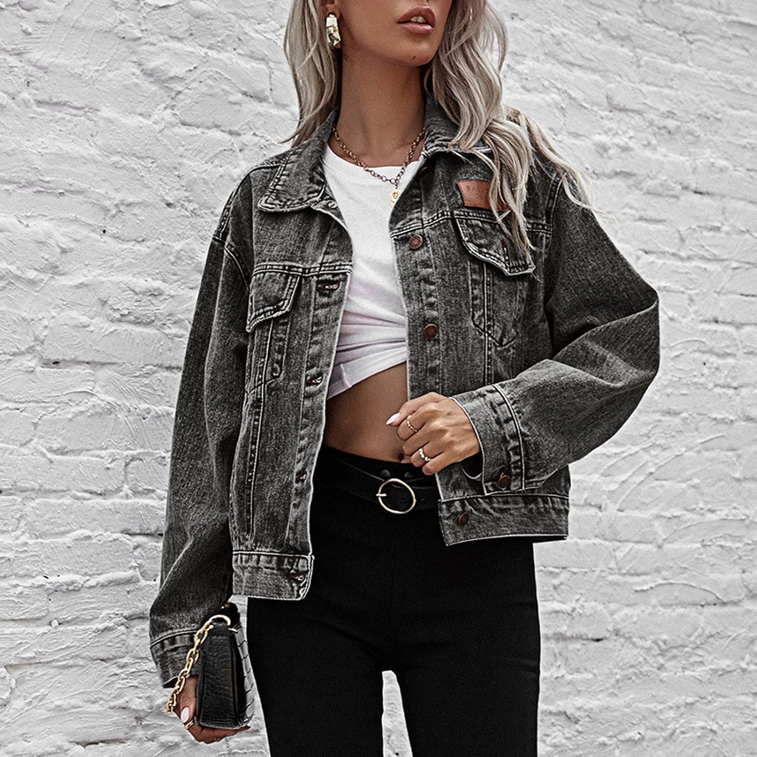 女性ヴィンテージジャンジャケットカジュアルラペルボタンダウン長袖ユーズド加工特大デニムティーンガールズコート コート レディース 黒