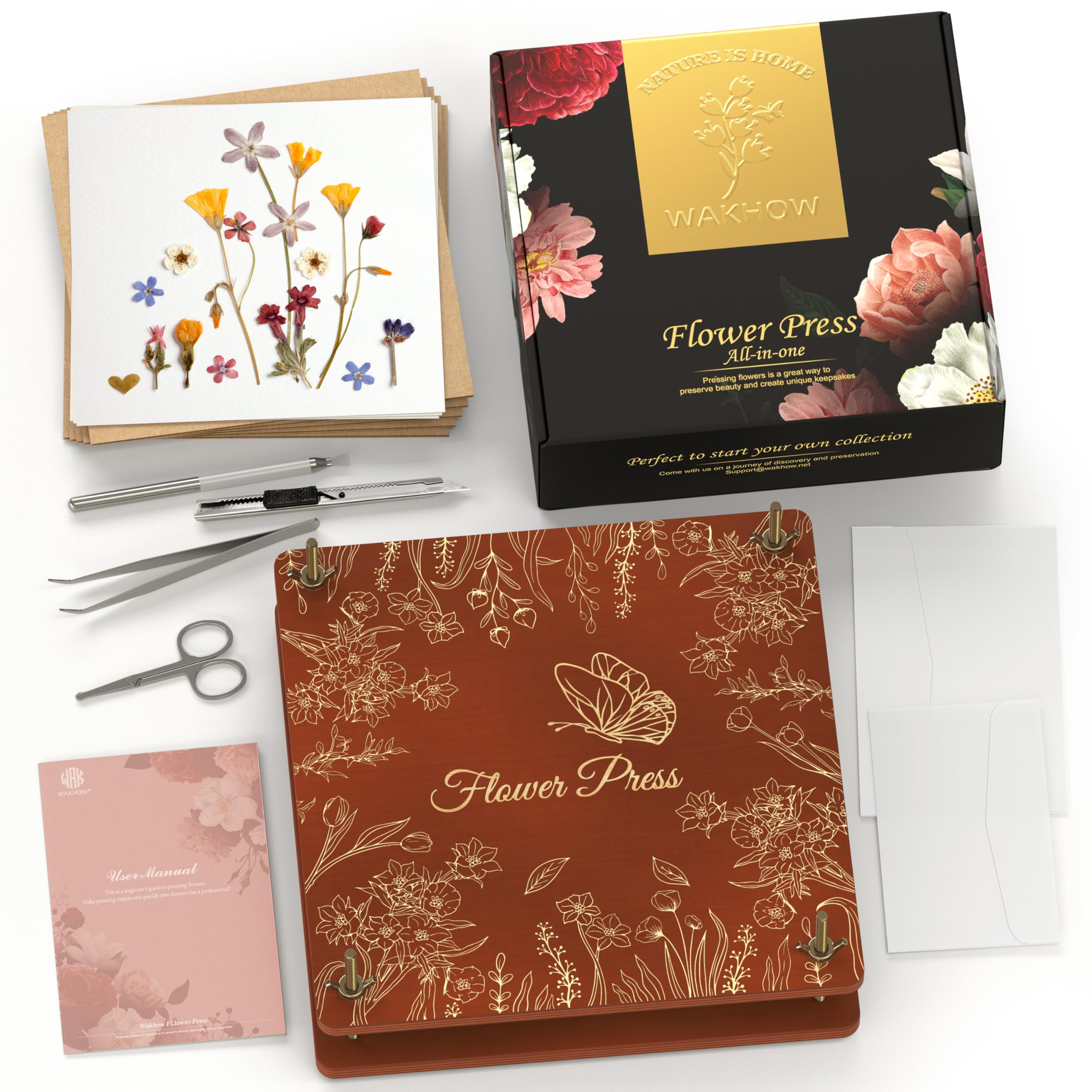 Wakhow Flower Press Kit, 11.02" x 11.02" Large Wooden Flower Pressing for Adults & Kids, Bouquet Preservation Craft Kit, DIY Flowers Drying Art, Ideal Gift for Arts and Crafts Lovers（Reddish Brown）