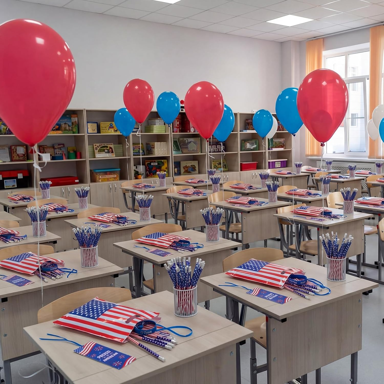 Resurhang 200 Pcs/50 Sets 4th of July Accessories Bulk Patriotic Red Blue White Party Favor Plastic Goody Bags Bookmark American Flag Pencil Silicone Bracelets Assorted Items for 250th Supplies