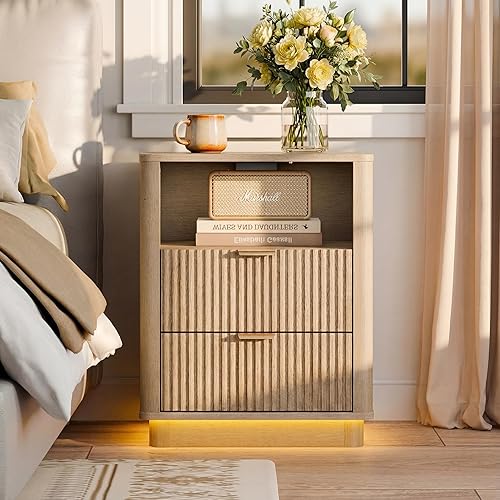 Mesita de noche acanalada, mesa auxiliar curvada con estación de carga y iluminación, mesa de madera con 2 cajones, gabinete de almacenamiento