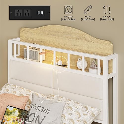 Miniatura 5 de LIKIMIO Base de cama individual con barandilla y mesita de noche, cabecera multifuncional con estación de carga, cama de plataforma de metal