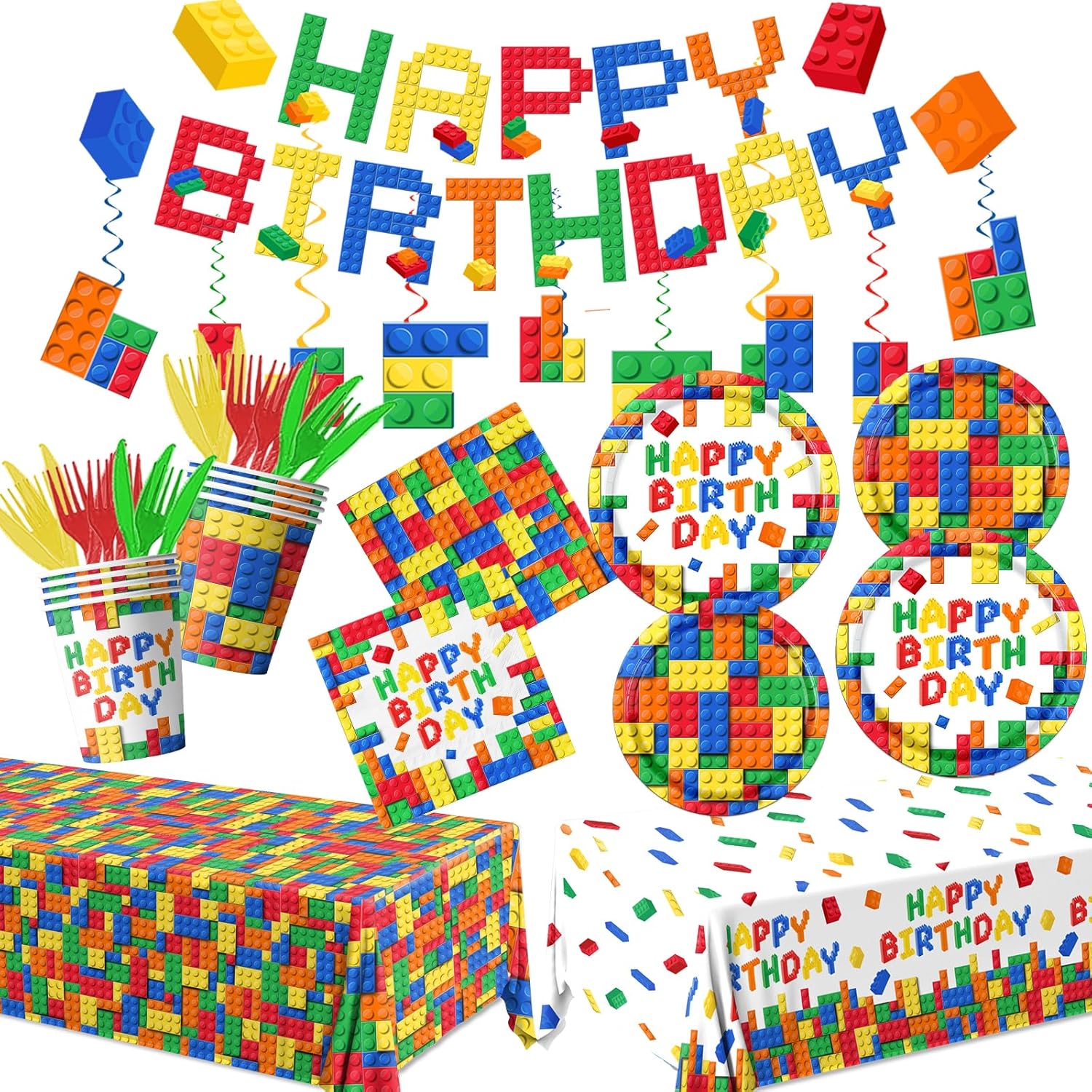 Building Block Theme Birthday Party Supplies decorations-171pcs Colorful Tableware Including Plates,Napkins,Cups, Tablecloth,and Block Party Banner for Birthday Celebrations