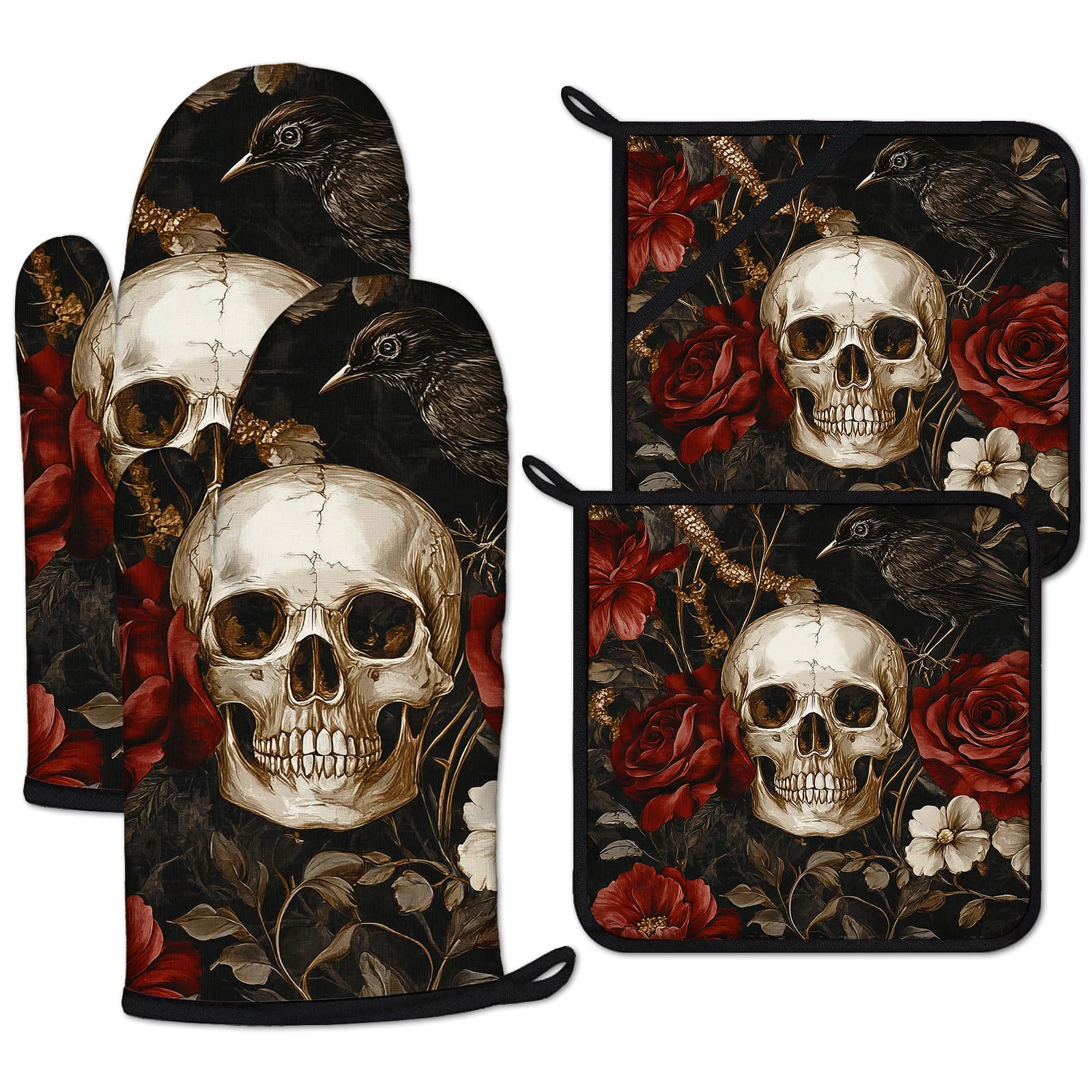 Halloween Skull Rose Crow Oven Mitts and Pot Holders Sets Heat Resistant 4Pcs Potholders Oven Gloves Hot Pads for Kitchen Baking Cooking Grilling BBQ