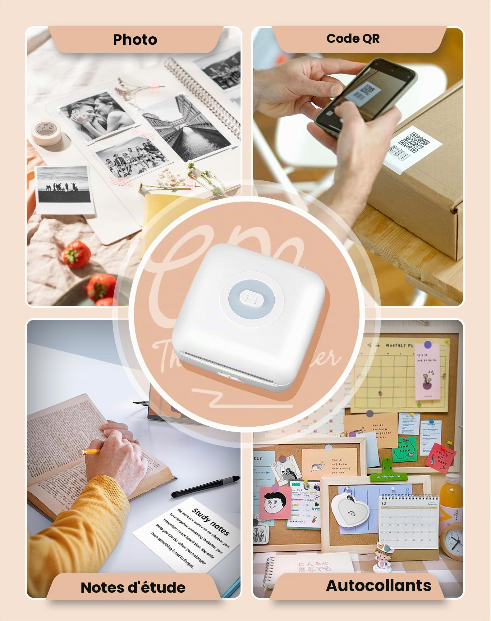 CP3 Mini imprimante, thermique, étiqueteuse Bluetooth de poche, mini imprimante d'étiquettes thermiques pour Noël, compatible avec Android et iOS, blanc