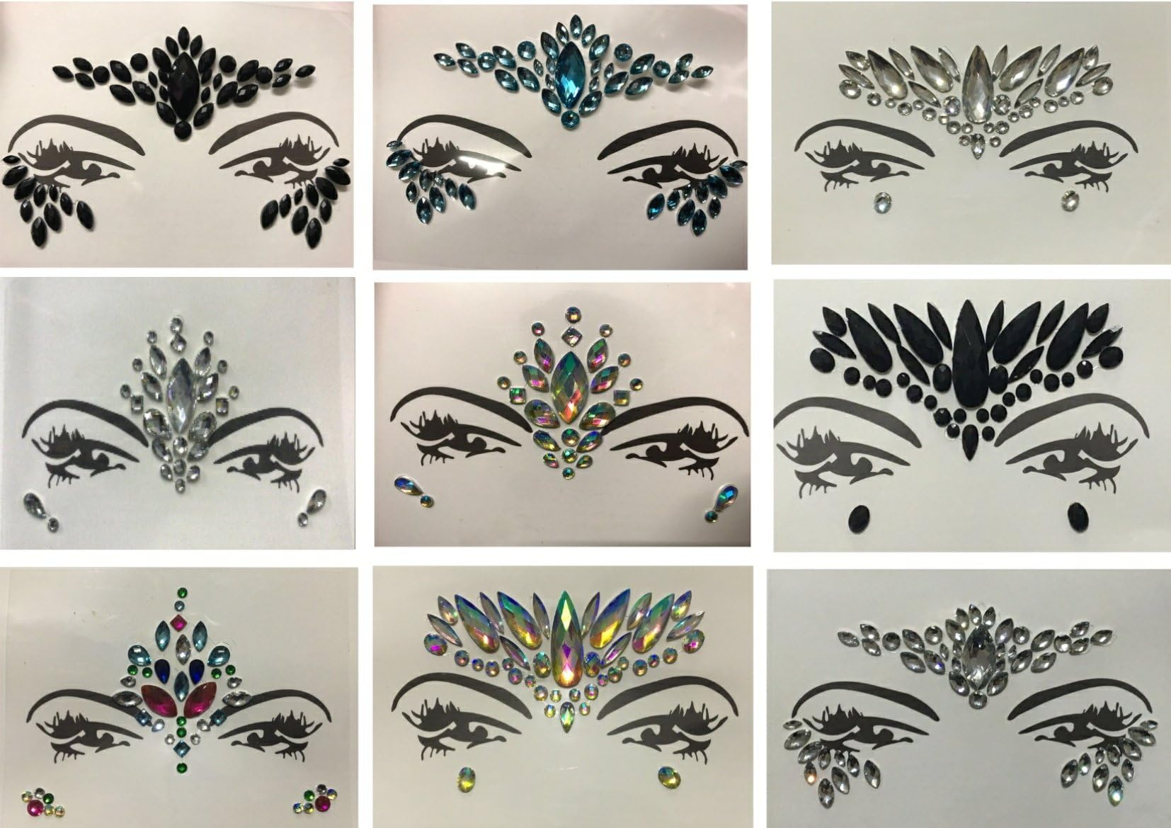 Glitter Joy Face Gems Rock Sticky Adhesive Temporary Tattoo - Jewel Diamante Bindi Fusion Headpiece Body Jewellery Art Wedding Purim Halloween Hen Night Festival Eyes Art (5 Random Designs)