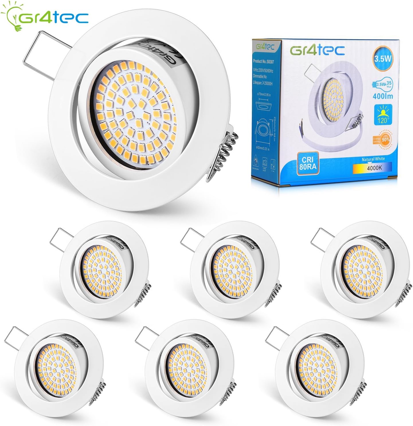 LED Recessed Lighting, 6 X Gr4tec 3.5W Rotatable Downlights Ultra Slim Natural White Spotlight Replace 35W Incandescent, Not Dimmable Spotlights for Home Bed Room Kitchen Bathroom White Frame
