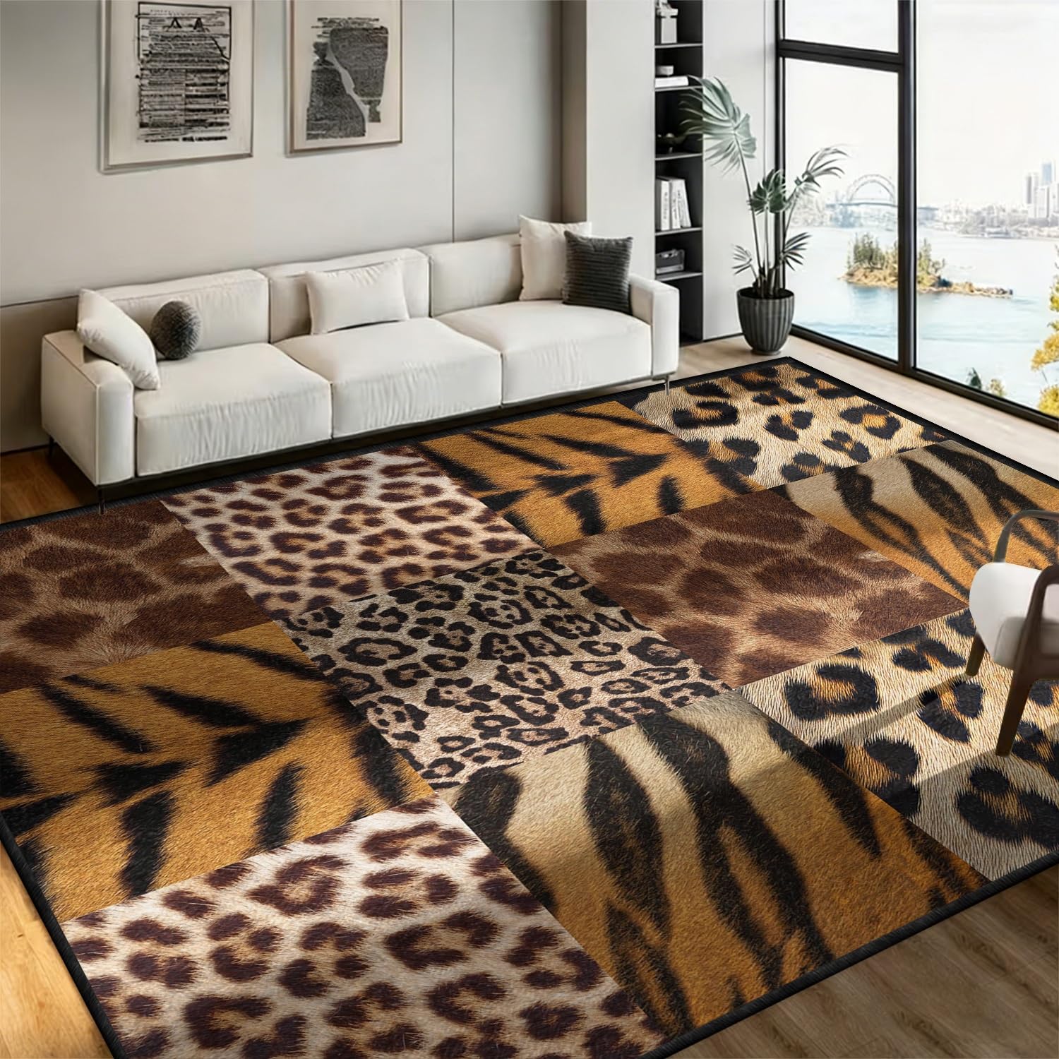 ZCLRUG Indoor Luxury Leopard Print Rug,140x200cm,Checkered Patchwork Faux Fur Deer Tiger Animal Print Rug,Soft Low Pile Non-Slip Cool Cheetah Rugs, Faux Brown Modern Rugs,for Living Room Bedroom