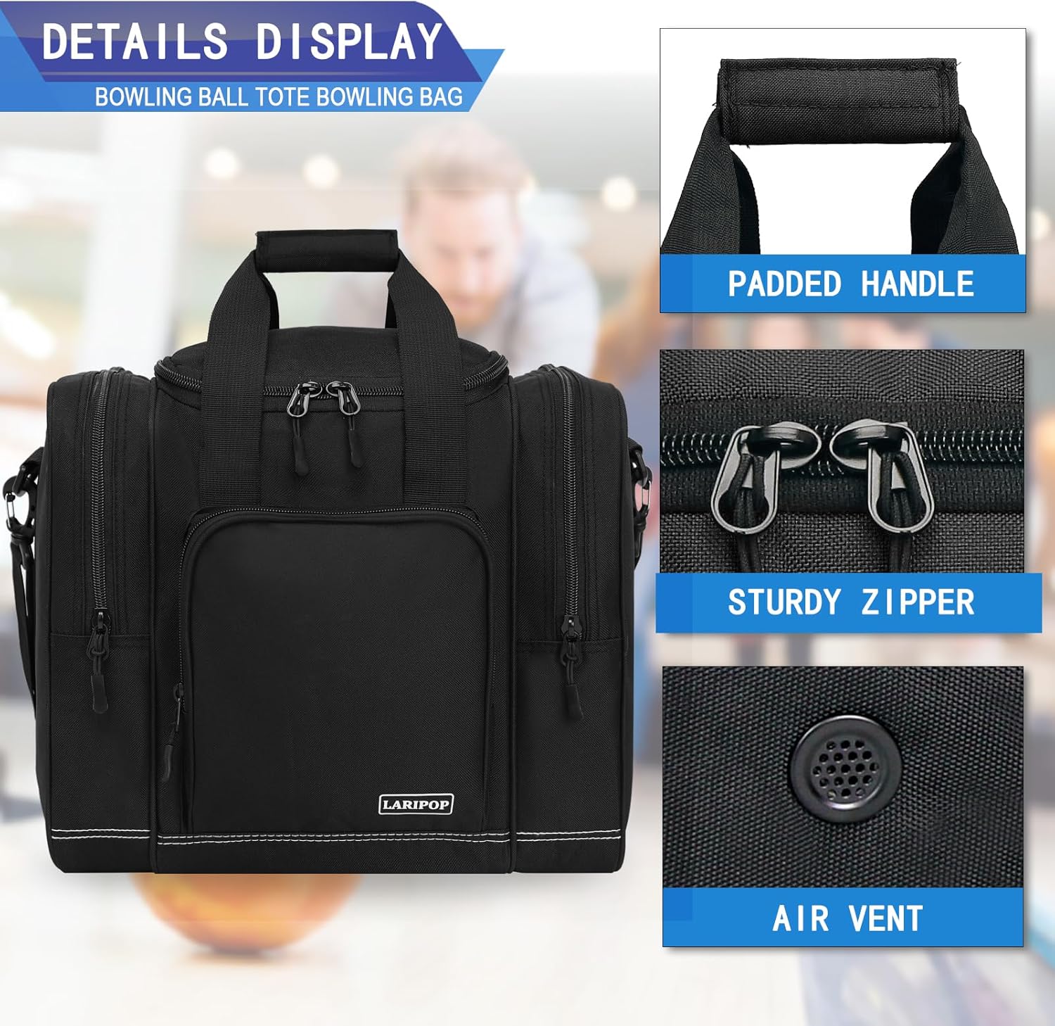 LARIPOP Bowling Ball Bag, Single Bowling Tote with Padded Ball Holder, Ventilated Shoe Pocket & Adjustable Shoulder Strap for Adult Bowlers Men Women